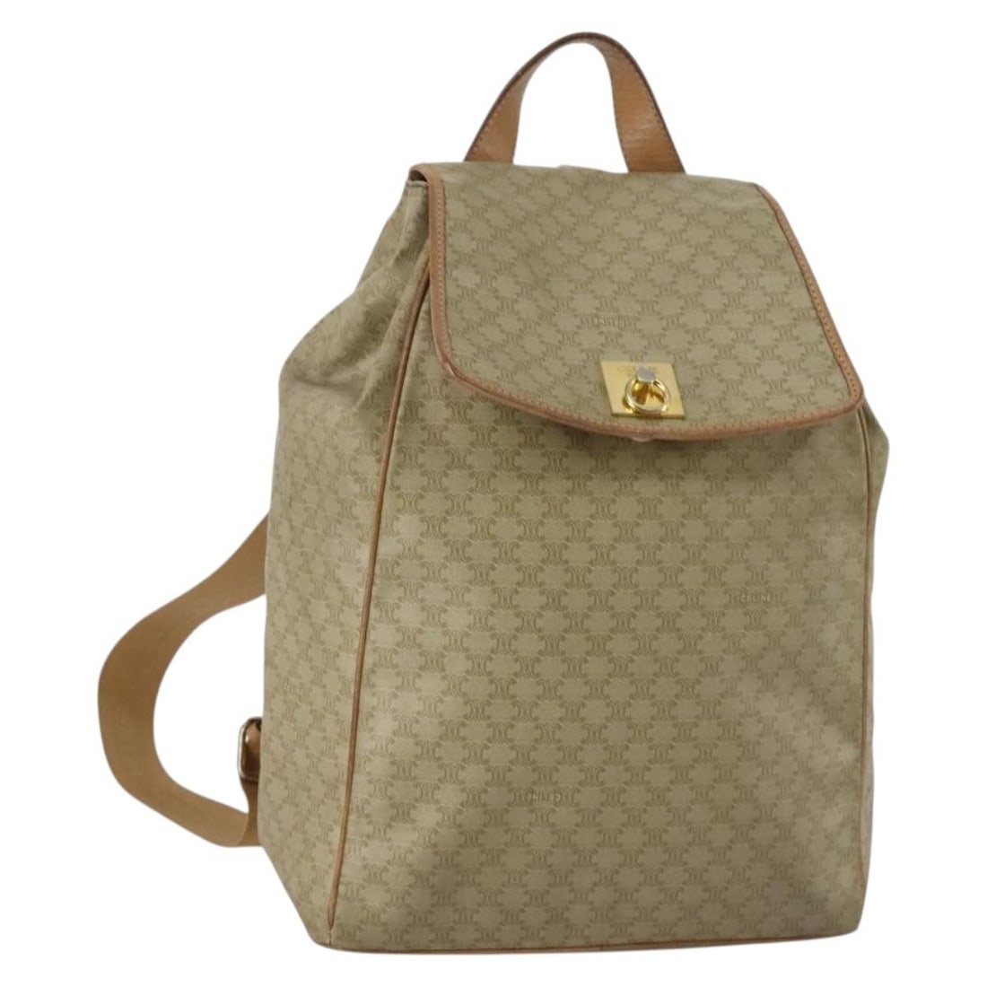 Celine Macadam Pattern Beige PVC Leather Backpack Gold Tone Accents: Celine Macadam Pattern Beige PVC Leather Backpack Gold Tone Accents This CELINE backpack features the signature Macadam canvas with PVC leather accents in beige and gold tones. The bag is designed wit