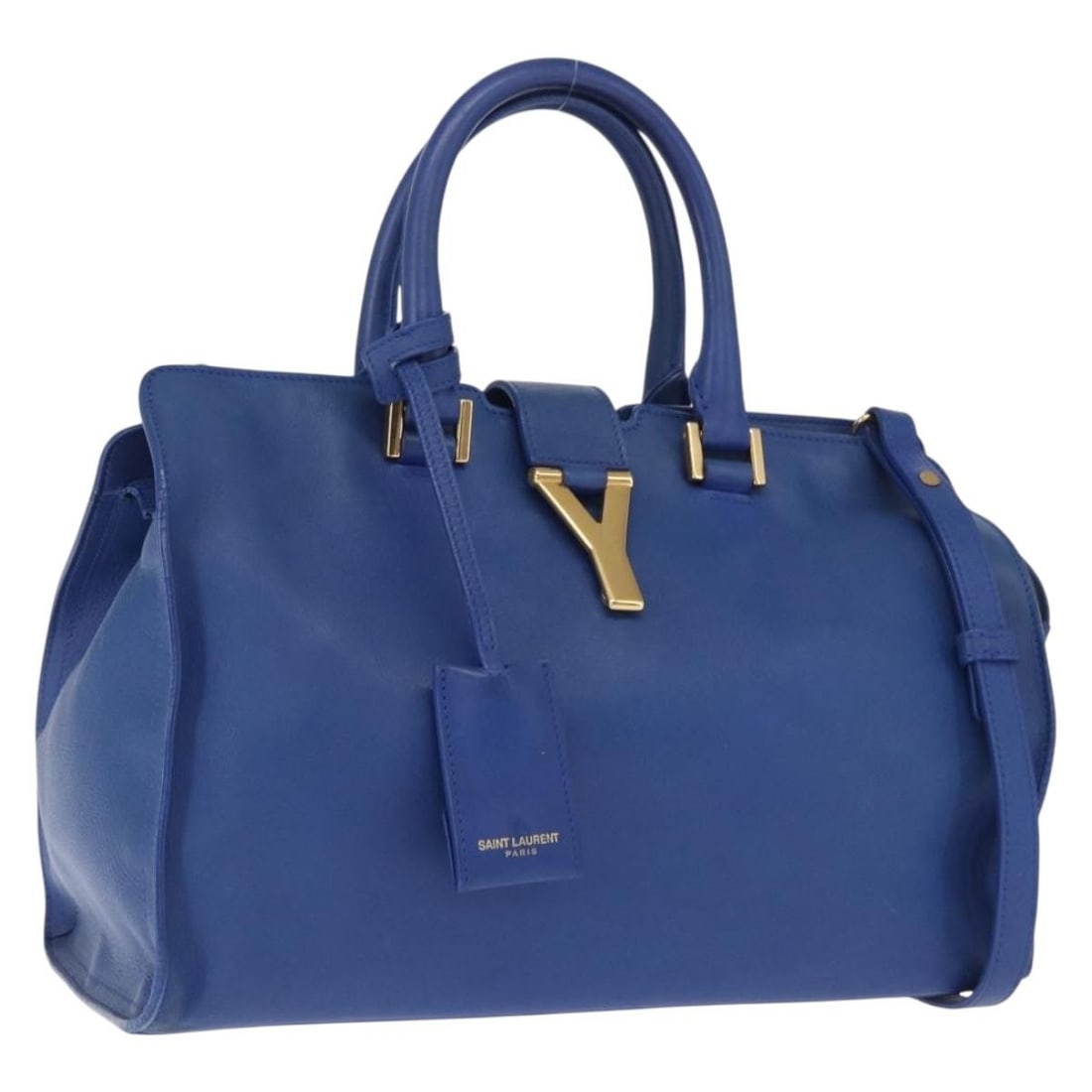Blue Leather Baby Kabas Handbag with Strap by Saint Laurent Model 311210: Blue Leather Baby Kabas Handbag with Strap by Saint Laurent Model 311210 This SAINT LAURENT Baby Kabas handbag is crafted from leather in blue and gold tones and features a two-way carry design with b