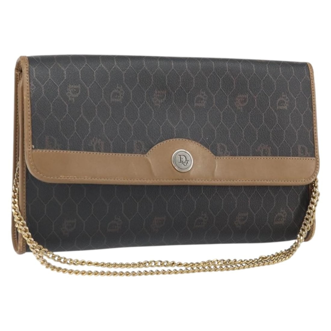 Black Honeycomb Canvas Dior Shoulder Bag with Gold Chain PVC Leather: Black Honeycomb Canvas Dior Shoulder Bag with Gold Chain PVC Leather This Christian Dior shoulder bag features a black and gold honeycomb canvas design with PVC leather exterior. The bag offers an adj