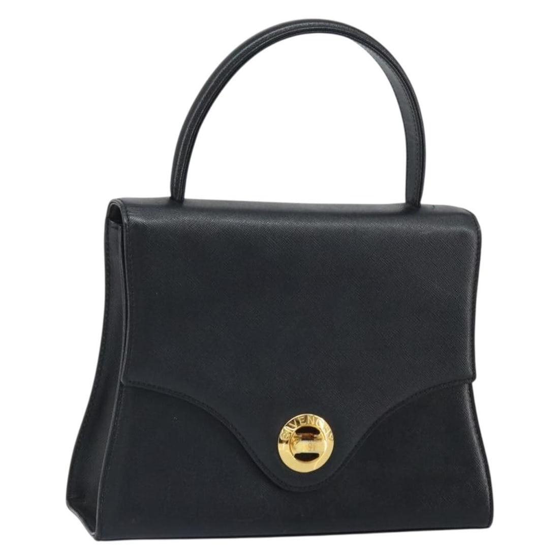 Black Leather Givenchy Handbag with Gold Accents: Black Leather Givenchy Handbag with Gold Accents This Givenchy hand bag is crafted from black leather with gold-tone accents. Designed with a structured silhouette, it features dual top handles and of