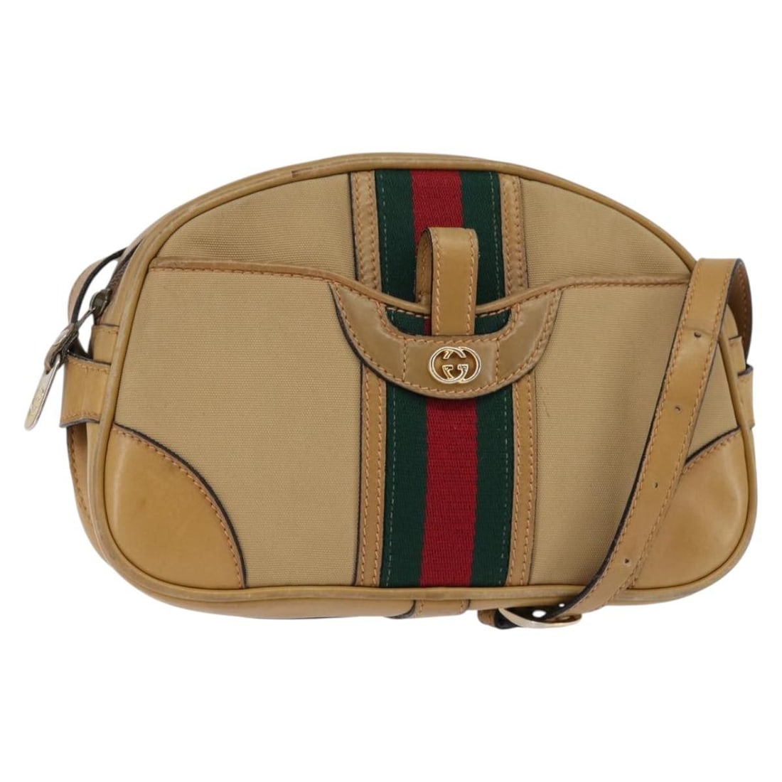 GUCCI Web Sherry Line Beige Canvas Shoulder Bag Gold Accents Italy Auth BA5901: GUCCI Web Sherry Line Beige Canvas Shoulder Bag Gold Accents Italy Auth BA5901 This GUCCI Web Sherry Line Shoulder Bag is a sophisticated accessory crafted in Italy, featuring a stylish combination of