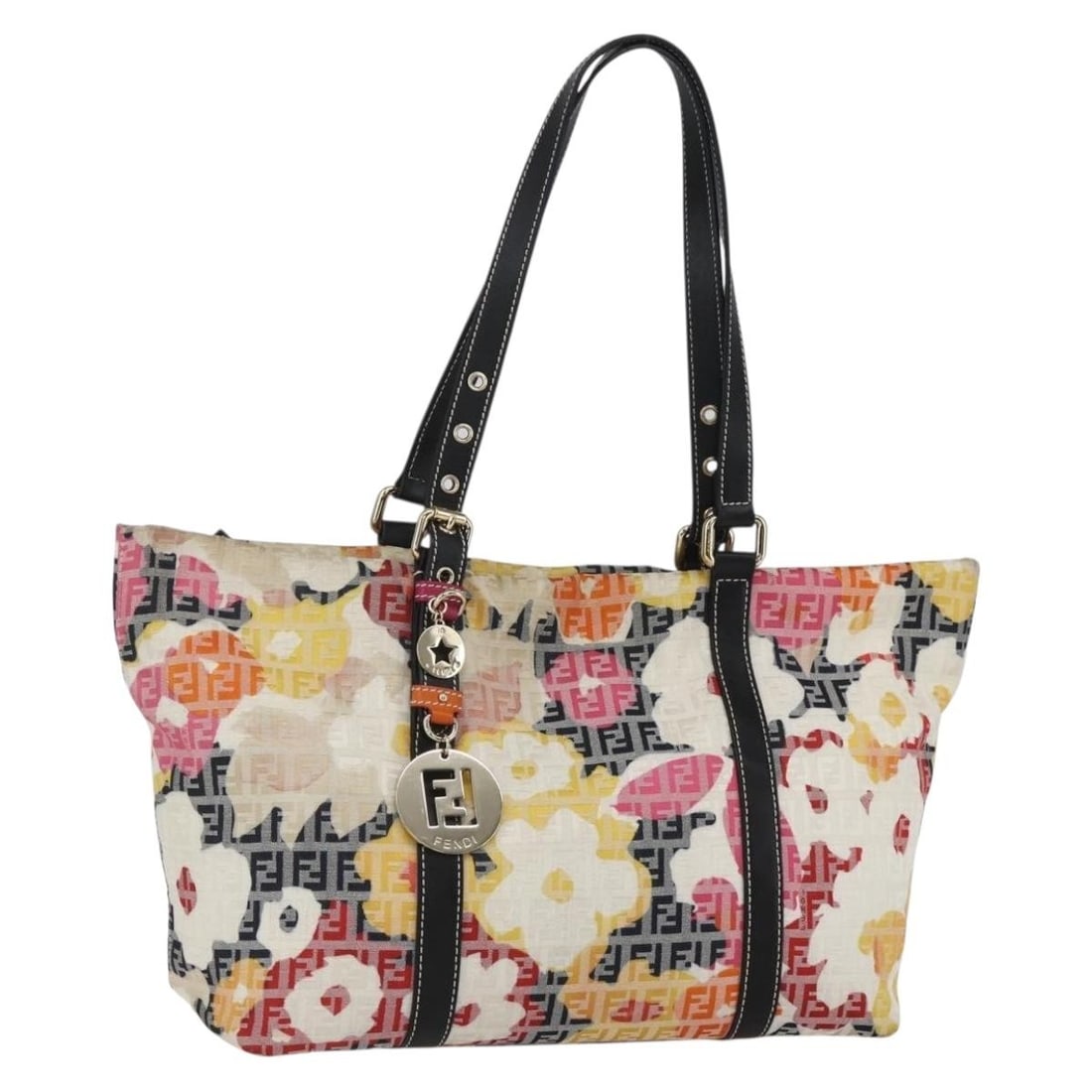 FENDI Multicolor Gold Zucchino Canvas Tote Bag with Dust Bag Auth 158708: FENDI Multicolor Gold Zucchino Canvas Tote Bag with Dust Bag Auth 158708 Experience luxury with this authentic FENDI Zucchino Canvas Tote Bag, crafted in Italy. This stylish tote features a vibrant mu