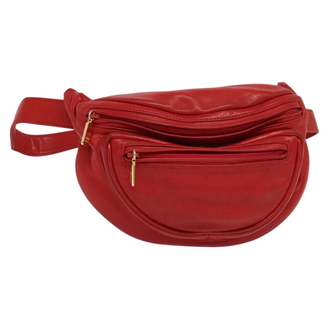 Gucci Red Leather Waist Bag with Gold Accents Made in Italy: Gucci Red Leather Waist Bag with Gold Accents Made in Italy This GUCCI waist bag features a red and gold leather exterior and is designed for hands-free convenience. The bag is made in Italy and has a