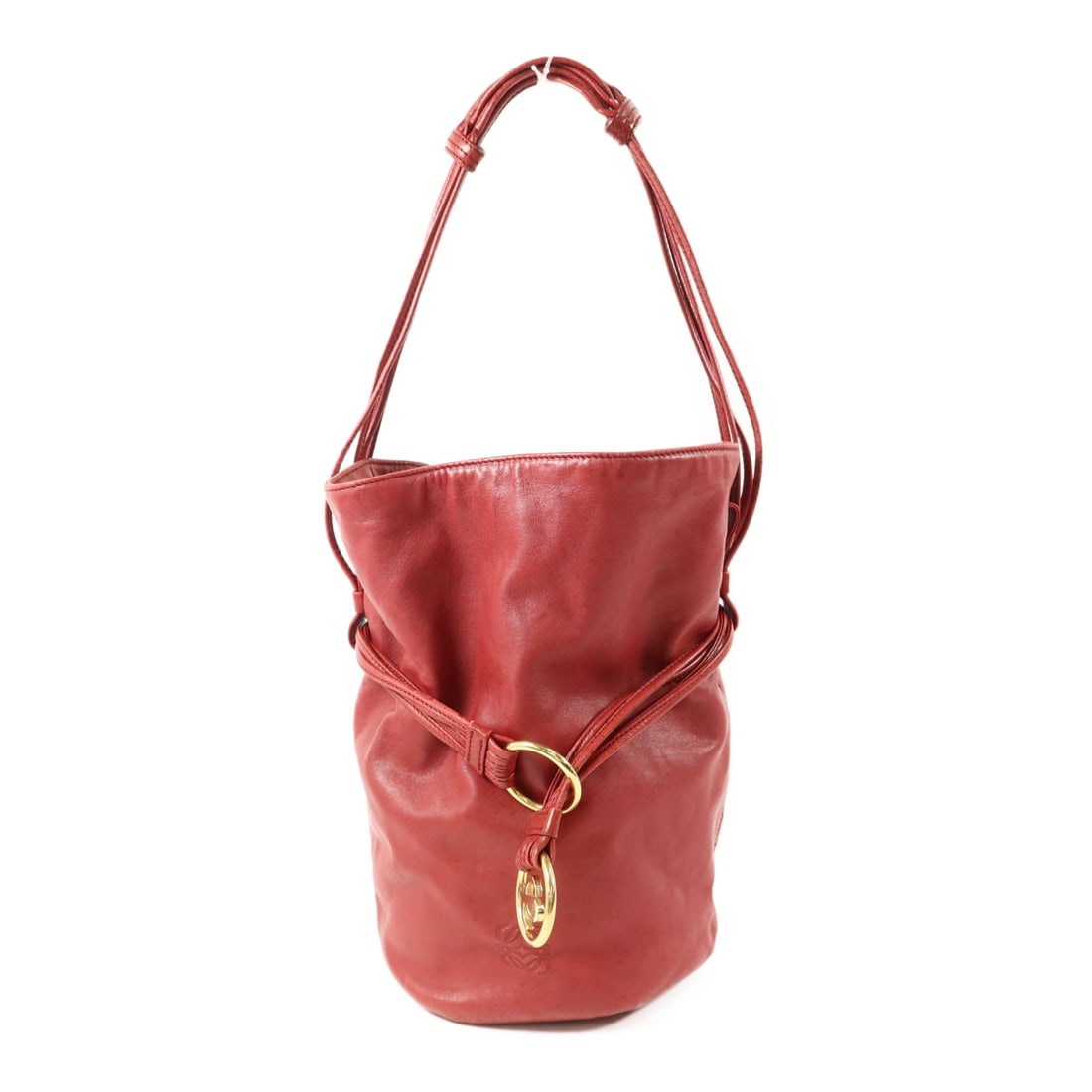 Loewe Burgundy Lambskin Bucket Tote Bag with Gold Hardware: Loewe Burgundy Lambskin Bucket Tote Bag with Gold Hardware This LOEWE bucket tote bag is crafted from luxurious lambskin leather in a burgundy red color. The bag features a spacious interior and a cla