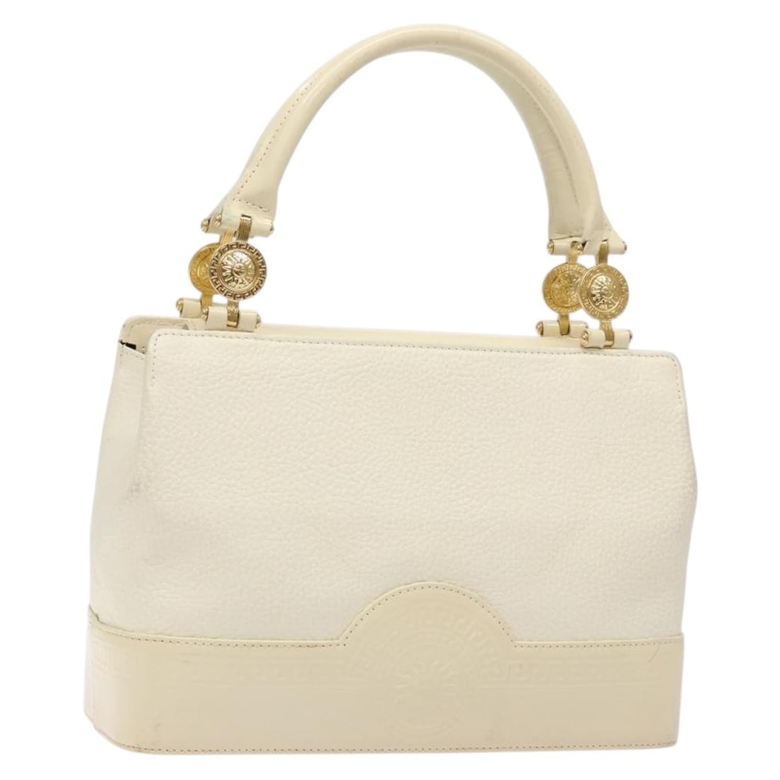 Gianni Versace White Gold Hand Bag Leather Authentic BA4370: Gianni Versace White Gold Hand Bag Leather Authentic BA4370 This Gianni Versace handbag is a stunning blend of luxury and functionality, crafted from high-quality leather in a striking white and gold