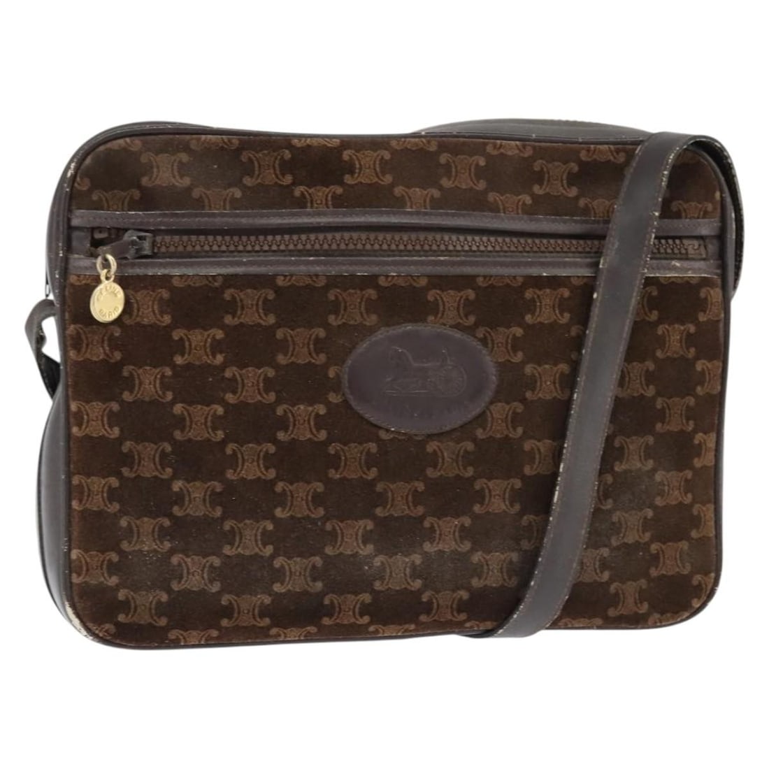 CELINE Brown Gold Suede Macadam Canvas Shoulder Bag Auth 147778: CELINE Brown Gold Suede Macadam Canvas Shoulder Bag Auth 147778 Discover the stunning CELINE Macadam Canvas Shoulder Bag crafted from luxurious suede in a rich brown and gold color combination. This s