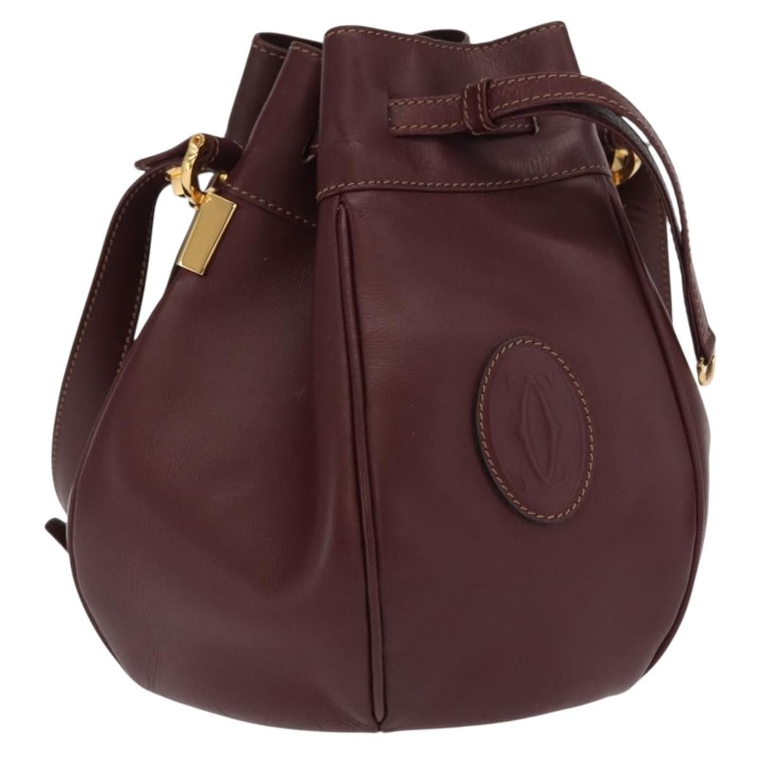 Cartier Must Line Bordeaux Leather Shoulder Bag with Dust Bag: Cartier Must Line Bordeaux Leather Shoulder Bag with Dust Bag This Cartier Must Line shoulder bag features a Bordeaux leather exterior with gold-tone accents and is crafted in Spain. The bag is design