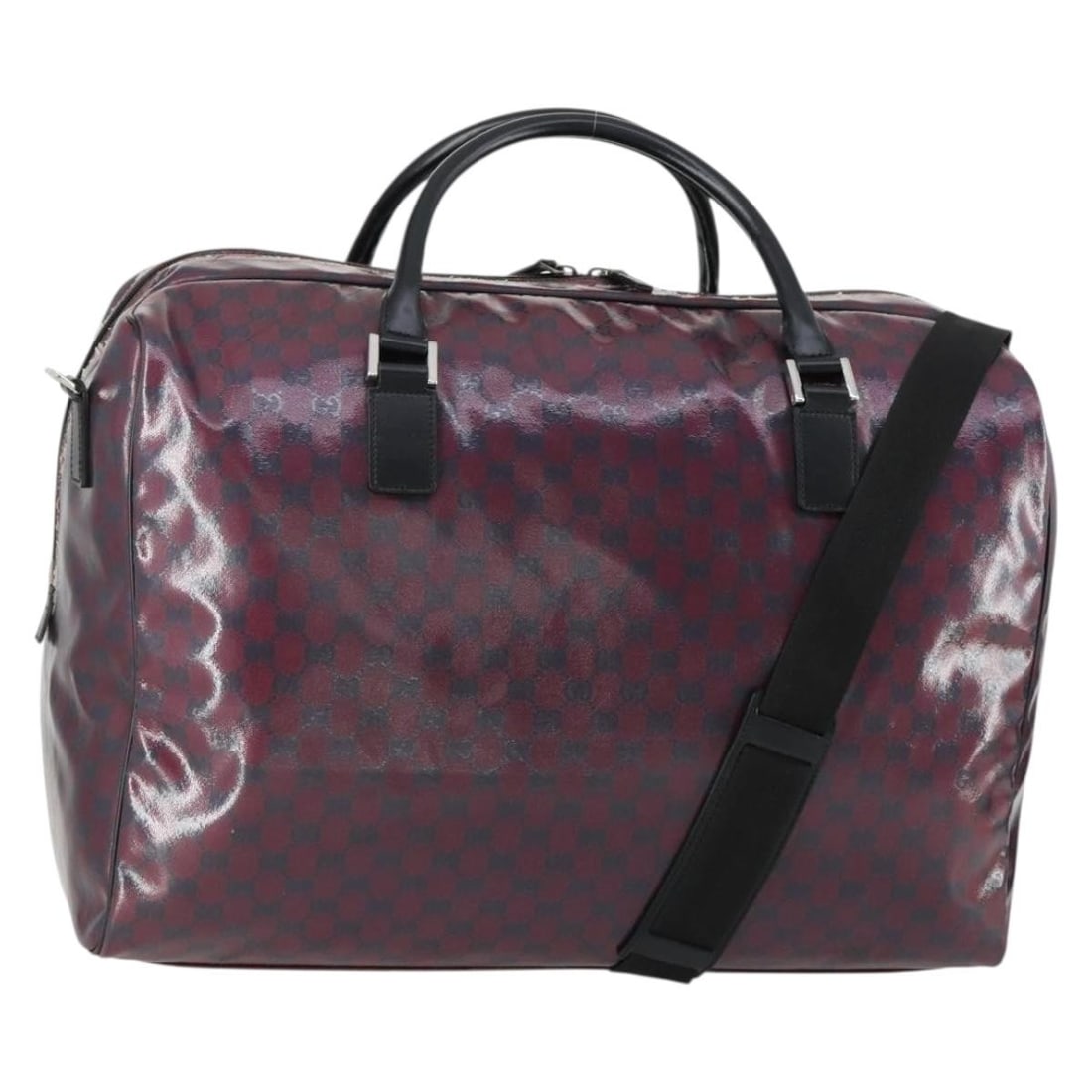 GUCCI GG Crystal 2way Boston Bag Red Silver Coated Canvas Auth 203696: GUCCI GG Crystal 2way Boston Bag Red Silver Coated Canvas Auth 203696 This authentic GUCCI GG Crystal Boston Bag is crafted from durable coated canvas, featuring a striking red and silver color combin