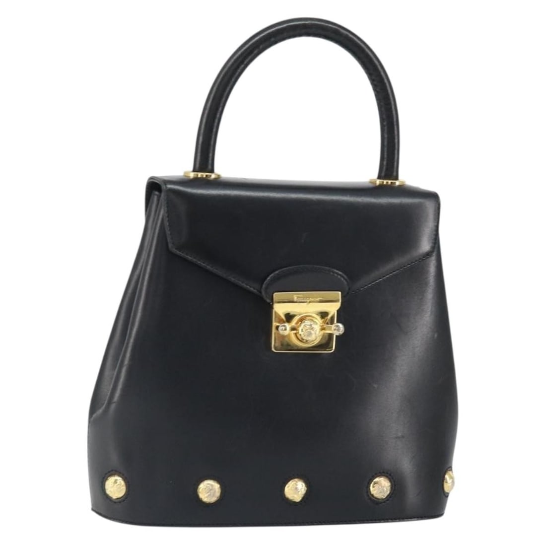 Black Leather Salvatore Ferragamo Handbag with Gold Tone Details: Black Leather Salvatore Ferragamo Handbag with Gold Tone Details This Salvatore Ferragamo handbag features a black leather exterior with gold-tone accents. Made in Italy, the bag offers a classic silh