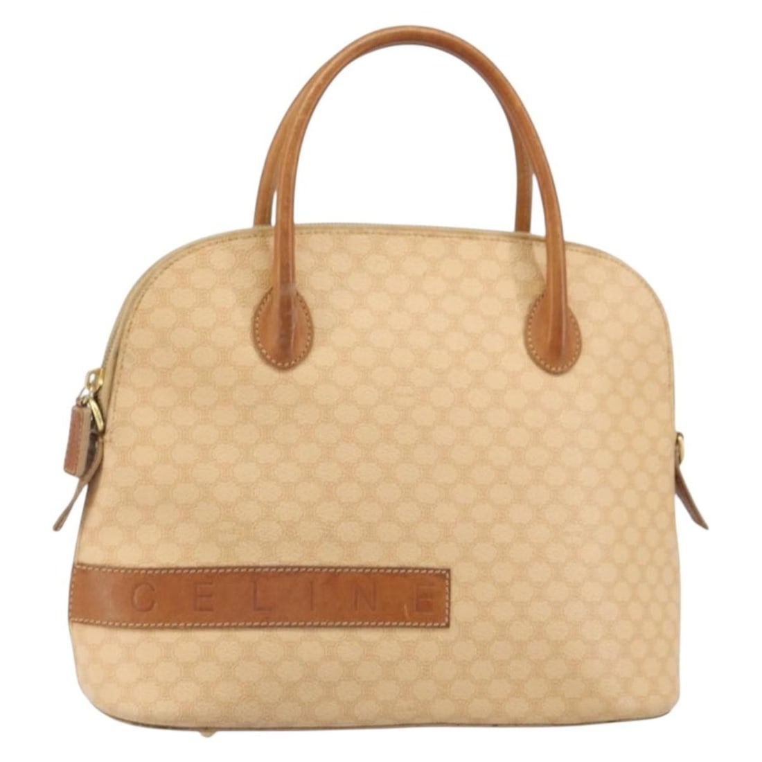 Beige Macadam Canvas PVC Handbag by CELINE Gold Accents Italy: Beige Macadam Canvas PVC Handbag by CELINE Gold Accents Italy This Celine hand bag features the iconic Macadam canvas with beige and gold PVC leather accents. Designed for daily use, it offers a struc