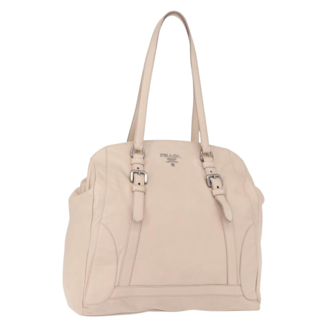 PRADA Beige Silver Leather Shoulder Bag Auth Italy: PRADA Beige Silver Leather Shoulder Bag Auth Italy Elevate your style with this authentic PRADA shoulder bag crafted in Italy. Made from luxurious beige leather with silver accents, this bag combines