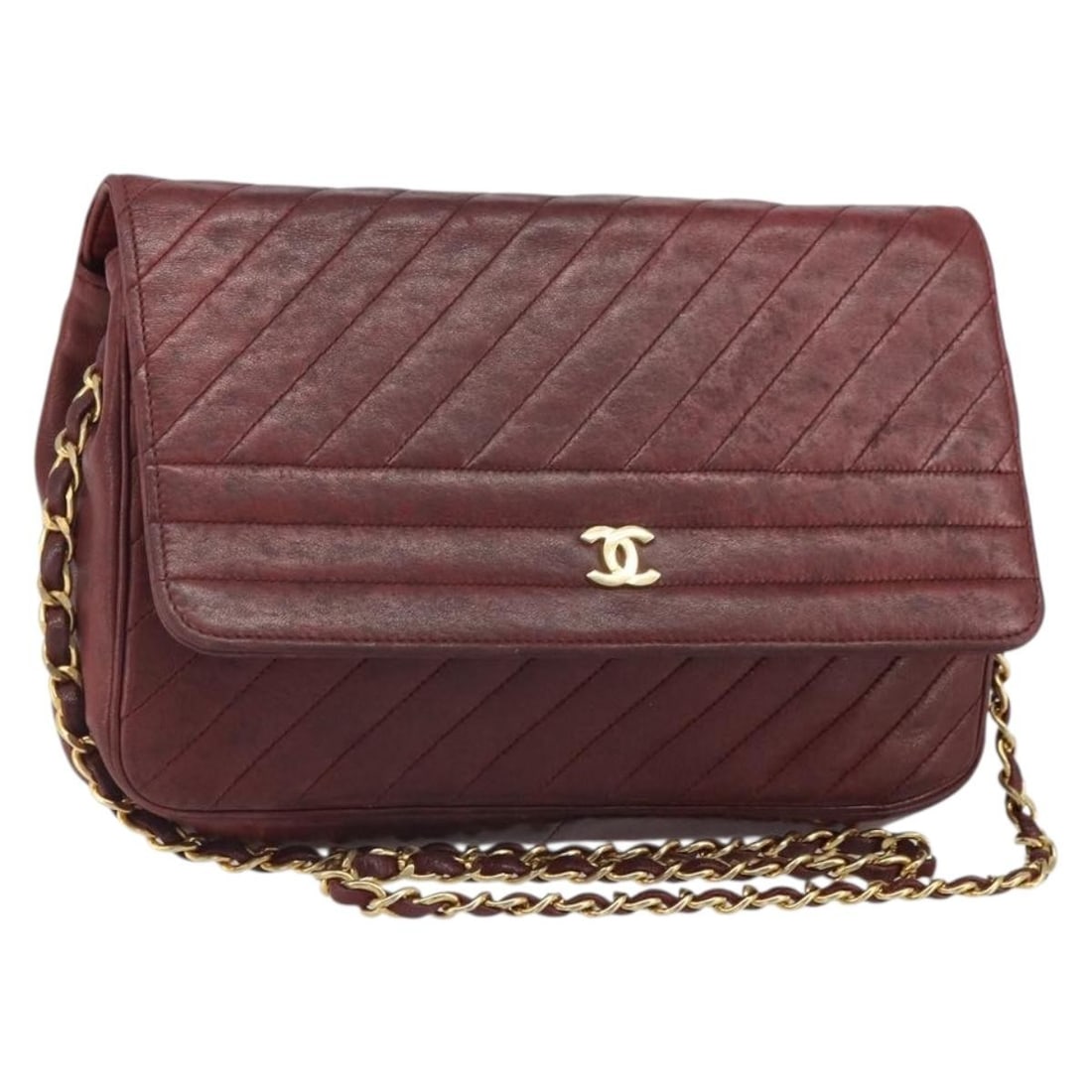 Chanel Bordeaux Lambskin Bias Stitch Chain Shoulder Bag with Gold CC Logo (1 of 18)