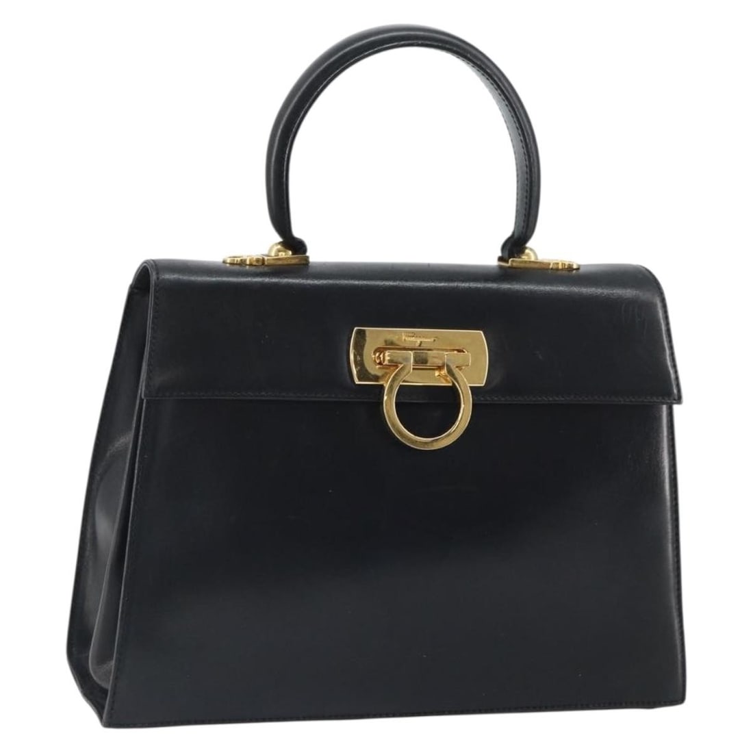 Black Leather Gancini Handbag by Salvatore Ferragamo Gold Accents Italy: Black Leather Gancini Handbag by Salvatore Ferragamo Gold Accents Italy This Salvatore Ferragamo Gancini handbag is crafted from black leather with gold-tone accents. Made in Italy, it features a stru