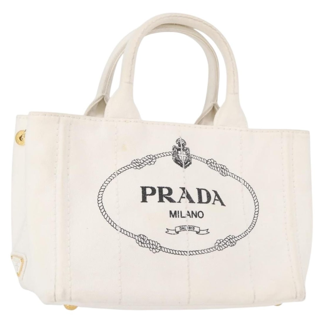 White and Gold Canvas Canapa PM Handbag by PRADA: White and Gold Canvas Canapa PM Handbag by PRADA This is a PRADA Canapa PM hand bag crafted from white and gold canvas. The bag features a structured silhouette with dual top handles and gold-tone acc