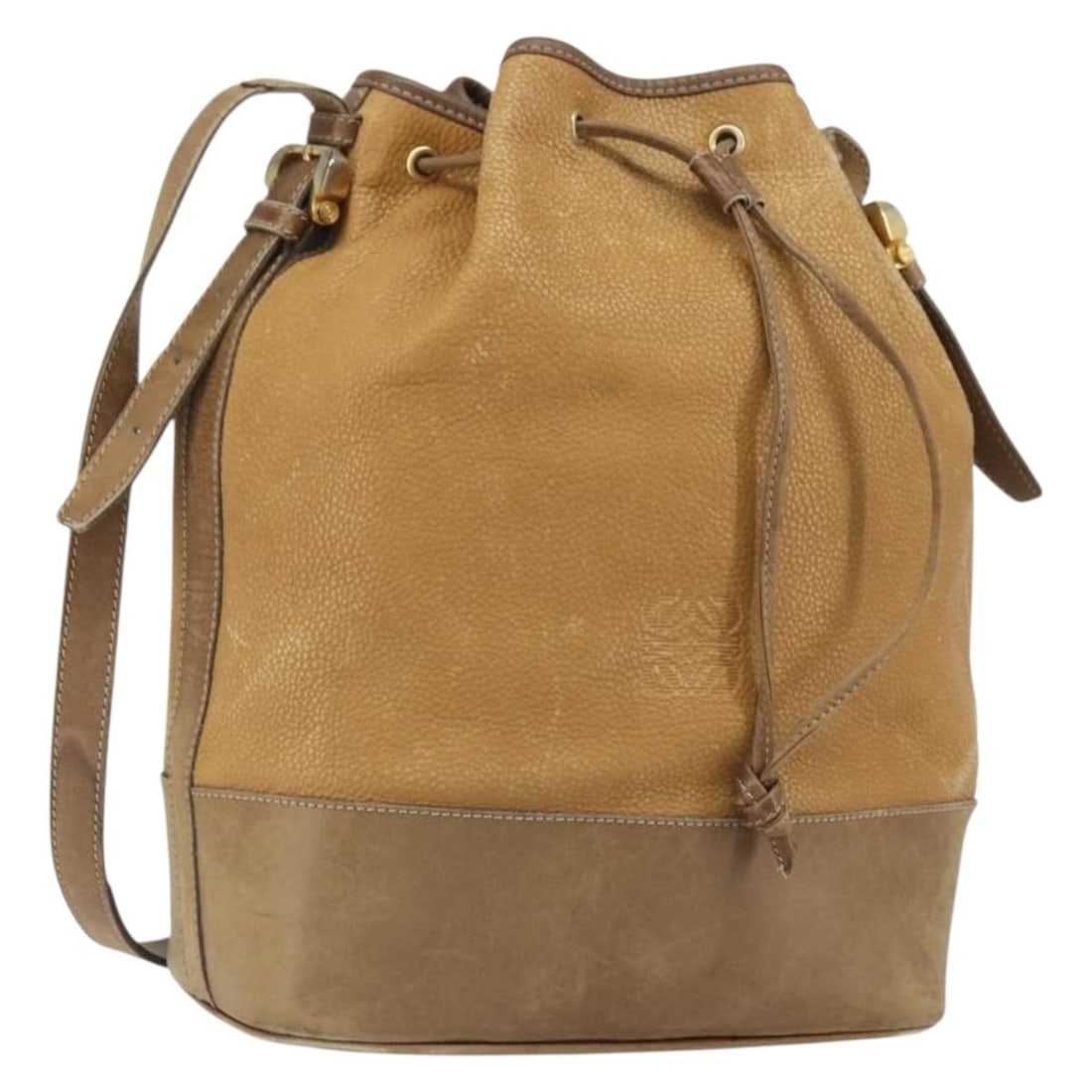 LOEWE Beige Leather Anagram Shoulder Bag Gold Accents Spain: LOEWE Beige Leather Anagram Shoulder Bag Gold Accents Spain This LOEWE Anagram shoulder bag features a beige and gold leather exterior with an adjustable shoulder strap. The bag is made in Spain and e