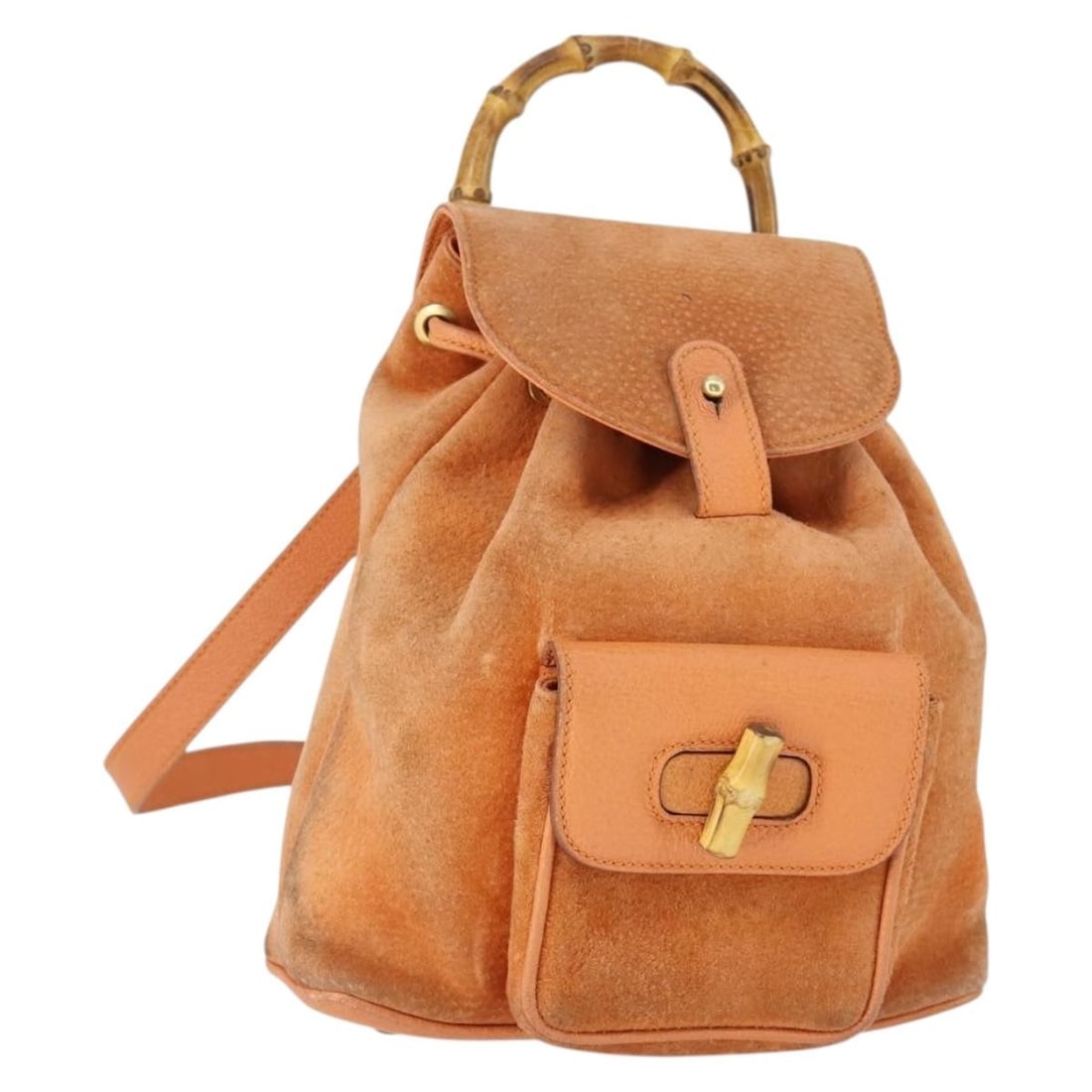 Orange Suede Bamboo Backpack by Gucci Model 169373 Italy: Orange Suede Bamboo Backpack by Gucci Model 169373 Italy This GUCCI Bamboo backpack features orange suede with gold-tone accents and is crafted in Italy. The bag includes a bamboo handle and adjustabl
