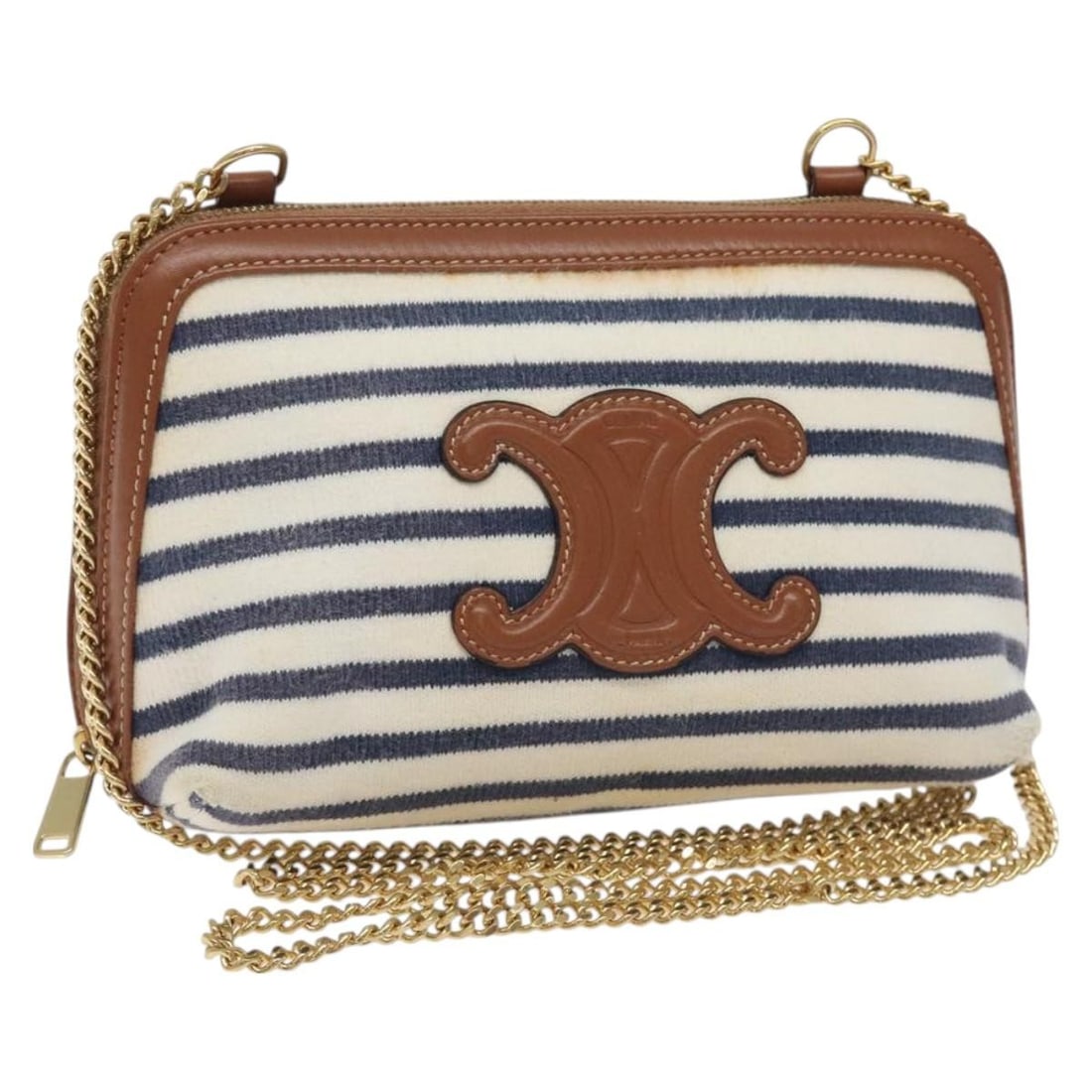 CELINE Triomphe Chain Shoulder Bag Cotton White Navy Gold Authentic: CELINE Triomphe Chain Shoulder Bag Cotton White Navy Gold Authentic Introducing the CELINE Triomphe Chain Shoulder Bag, a chic accessory crafted from high-quality cotton. This elegant bag is designed
