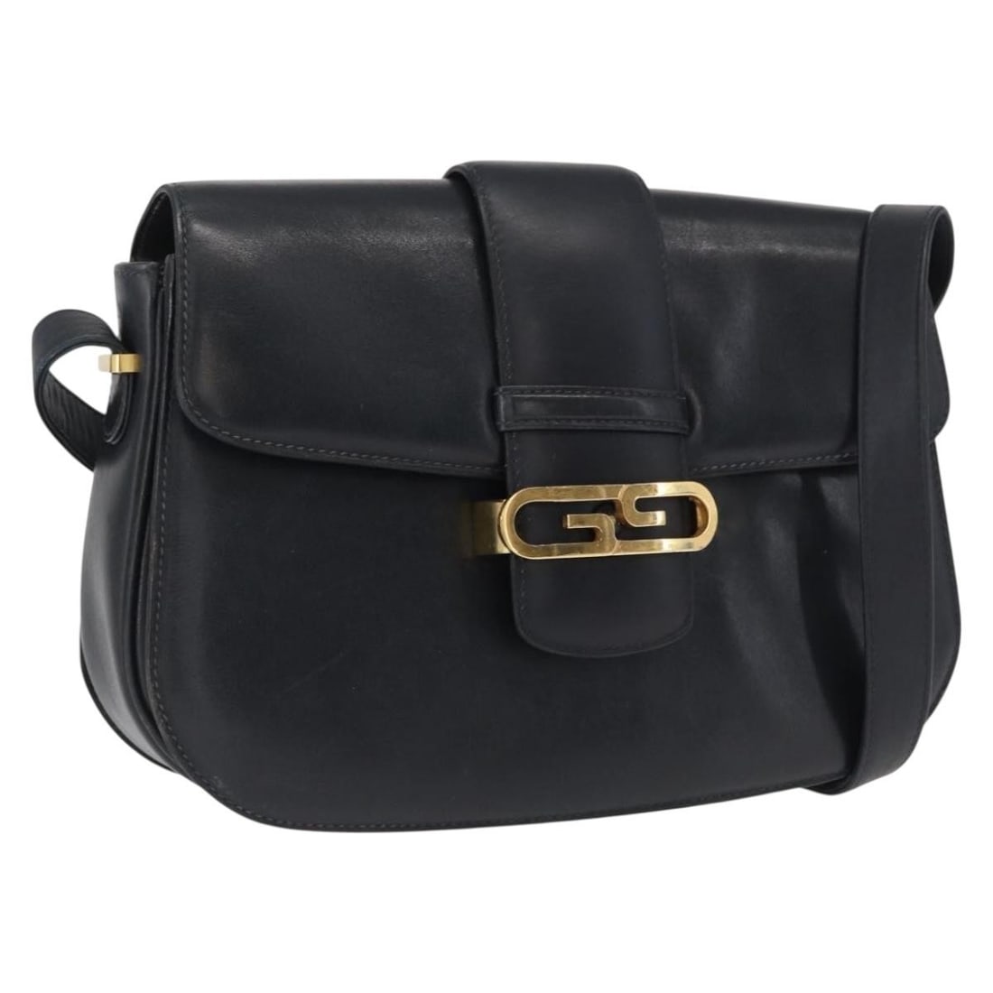 Navy Leather Gucci Shoulder Bag with Gold Hardware 164835: Navy Leather Gucci Shoulder Bag with Gold Hardware 164835 This GUCCI shoulder bag is crafted from navy leather with gold-tone accents. It features a compact rectangular shape with a shoulder strap for