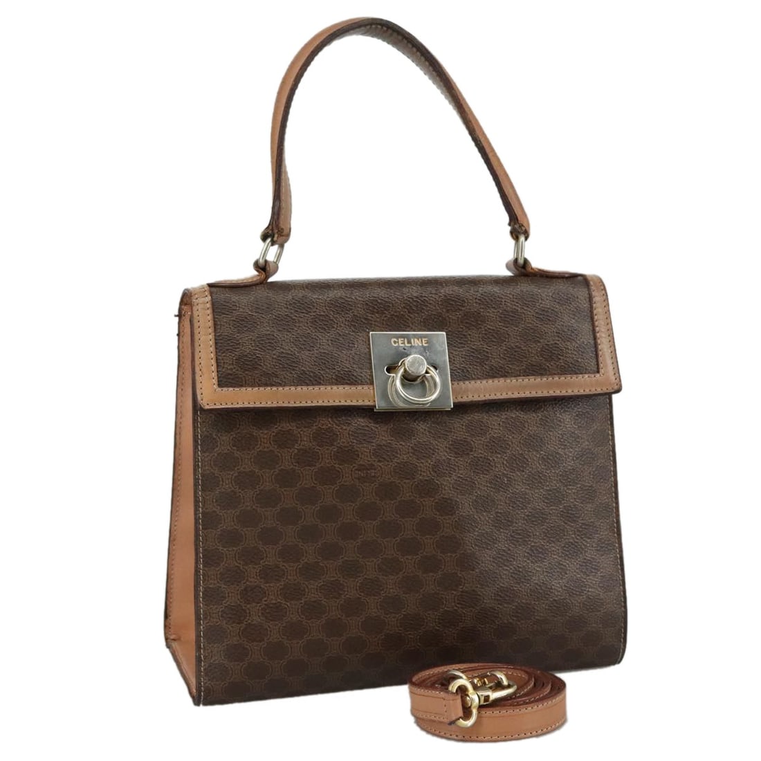 CELINE Brown PVC Leather Macadam Canvas 2-Way Hand Bag Italy Auth: CELINE Brown PVC Leather Macadam Canvas 2-Way Hand Bag Italy Auth This authentic CELINE Macadam Canvas Hand Bag features durable PVC leather in a rich brown color. Designed for versatility, it can be
