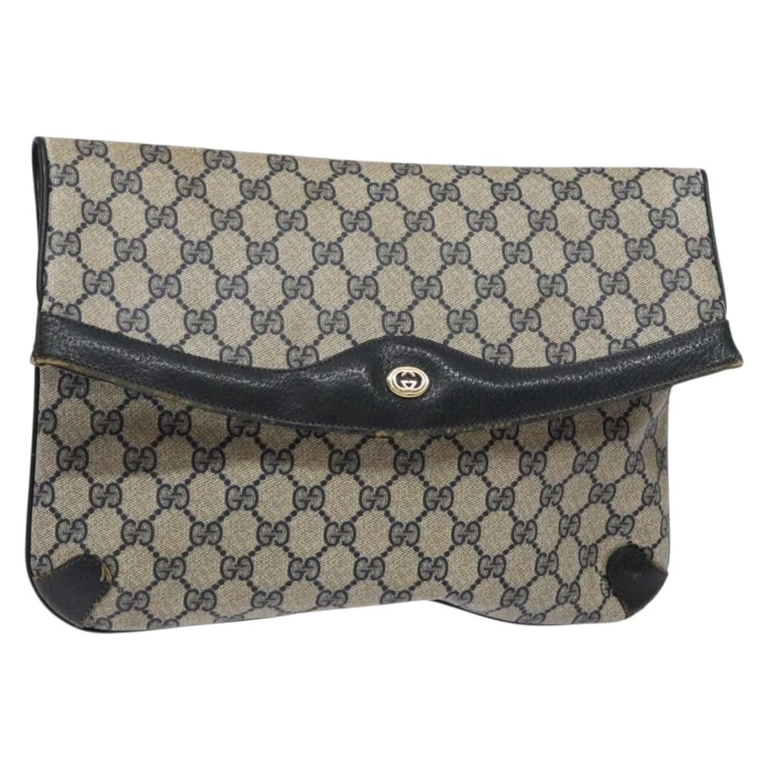 GUCCI GG Supreme Navy Gold PVC Clutch Bag 156 02 075 Italy Auth: GUCCI GG Supreme Navy Gold PVC Clutch Bag 156 02 075 Italy Auth This authentic GUCCI GG Supreme Clutch Bag showcases a stylish combination of navy and gold tones, crafted from durable PVC leather. The