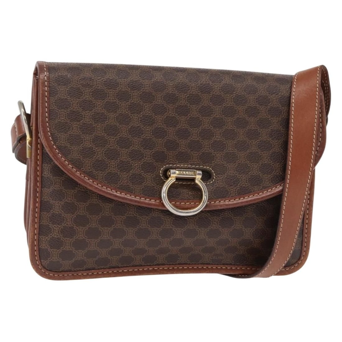 CELINE Macadam Canvas Brown Gold Shoulder Bag PVC Leather Italy: CELINE Macadam Canvas Brown Gold Shoulder Bag PVC Leather Italy This CELINE Macadam Canvas Shoulder Bag combines style and practicality, showcasing a rich brown and gold color palette. Crafted in Ital