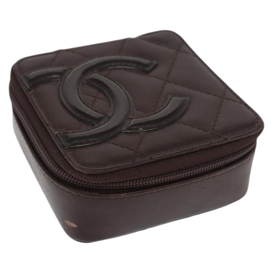 Dark Brown Leather Cambon Line Pouch by CHANEL with Silver CC: Dark Brown Leather Cambon Line Pouch by CHANEL with Silver CC This CHANEL Cambon Line pouch is crafted from dark brown leather and features a distinctive silver CC logo. The pouch includes a mirror ac
