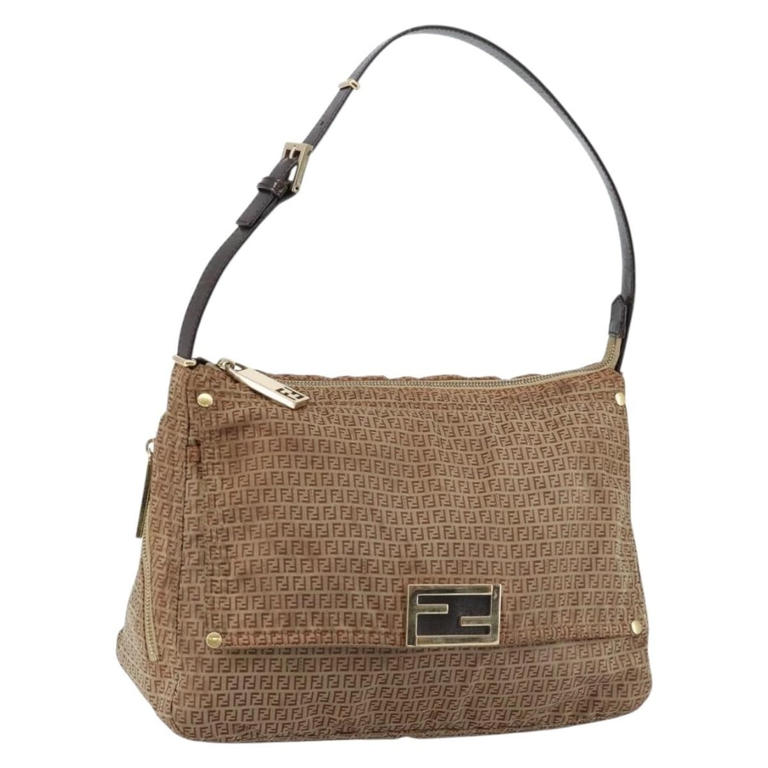 FENDI Zucchino Canvas Mamma Shoulder Bag Beige Gold Nylon Italy (1 of 18)