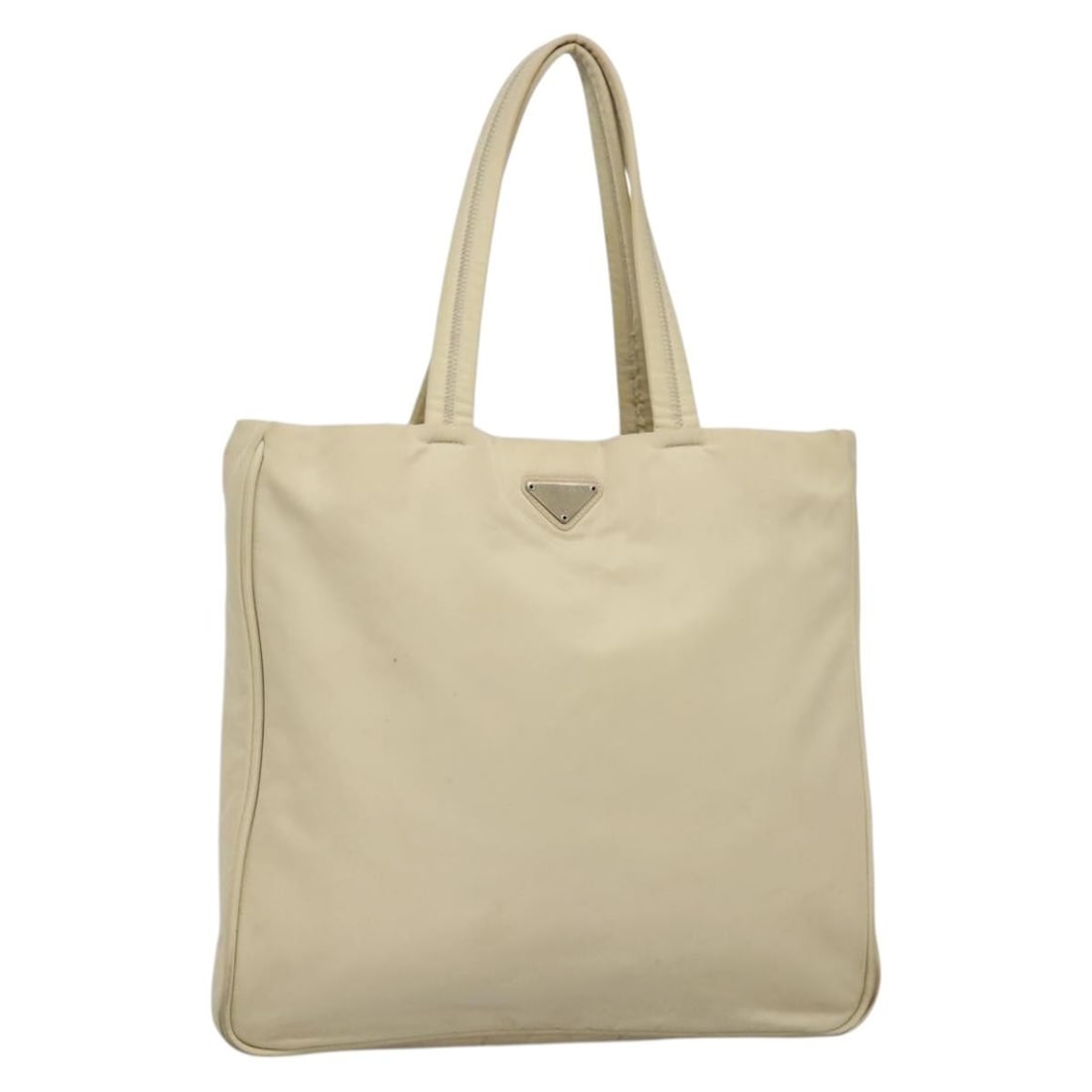 PRADA Beige Silver Nylon Tote Bag Auth Italy 139071: PRADA Beige Silver Nylon Tote Bag Auth Italy 139071 This PRADA Tote Bag combines functionality with a chic aesthetic, crafted from durable nylon in a stylish beige and silver color palette. Measuring