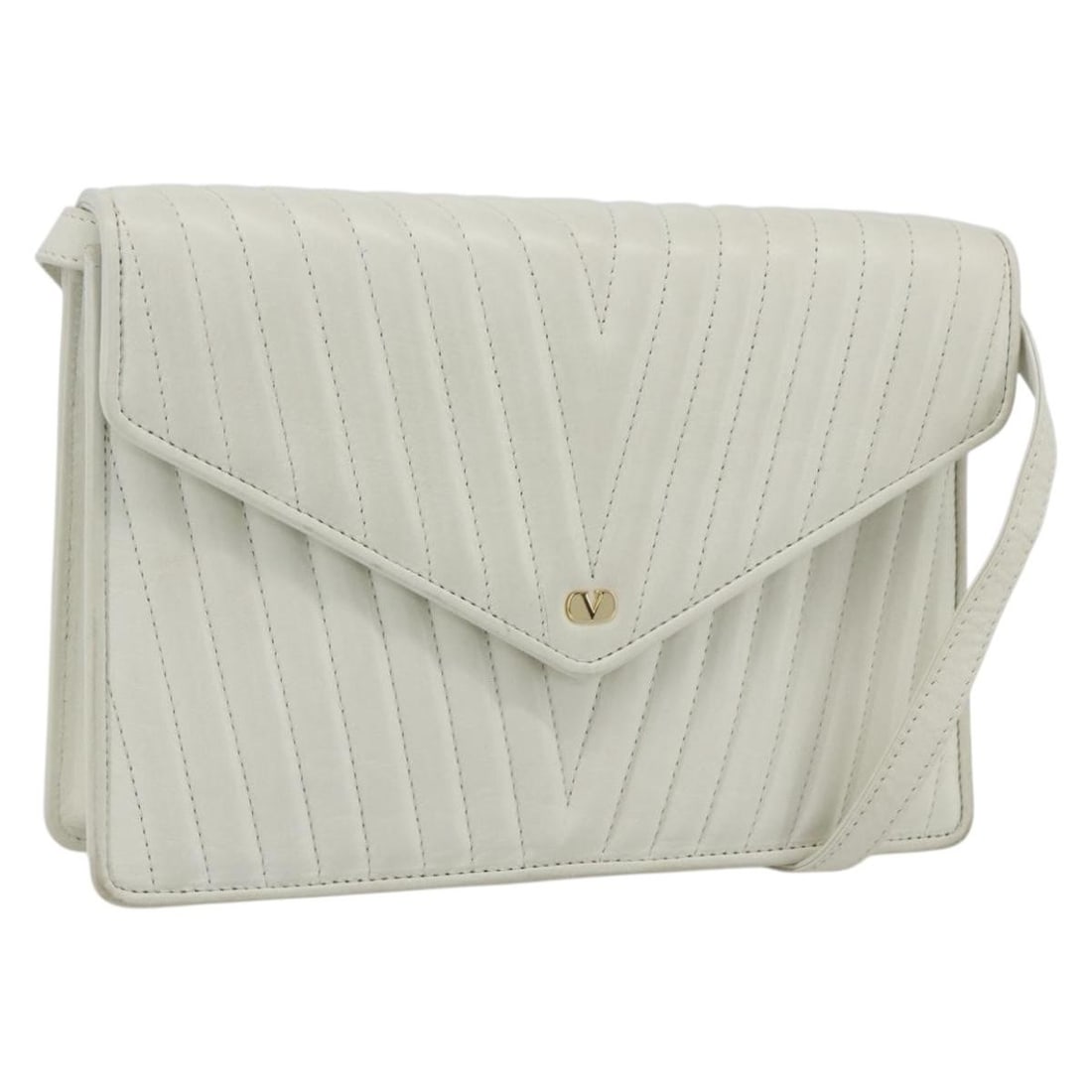 Valentino White Leather Shoulder Bag with V Stitch Detail and Dust Bag: Valentino White Leather Shoulder Bag with V Stitch Detail and Dust Bag This Valentino V stitch shoulder bag features a white and gold leather exterior with a structured silhouette. The bag offers a sp