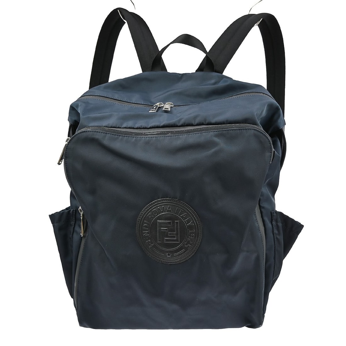 Fendi Large Blue Nylon and Leather Backpack with Logo Accent: Fendi Large Blue Nylon and Leather Backpack with Logo Accent This Fendi backpack features a large, spacious design crafted from leather and nylon in a blue exterior with black leather handles and stra