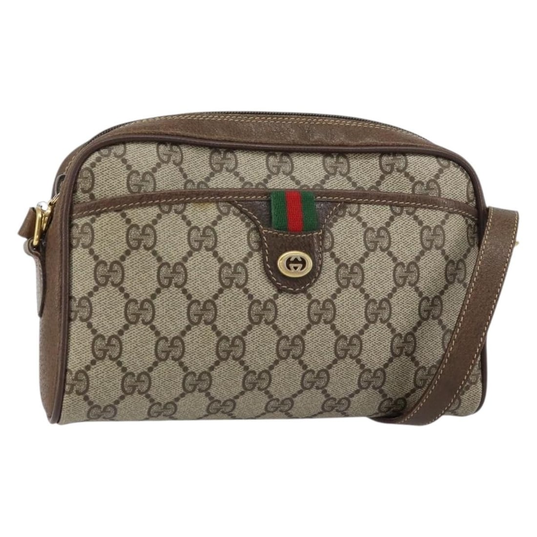 Beige GG Supreme Web Shoulder Bag by Gucci PVC Leather 116 02 089: Beige GG Supreme Web Shoulder Bag by Gucci PVC Leather 116 02 089 This is a GUCCI GG Supreme Web Sherry Line shoulder bag crafted from beige and gold PVC leather and GG canvas. The bag features a comp