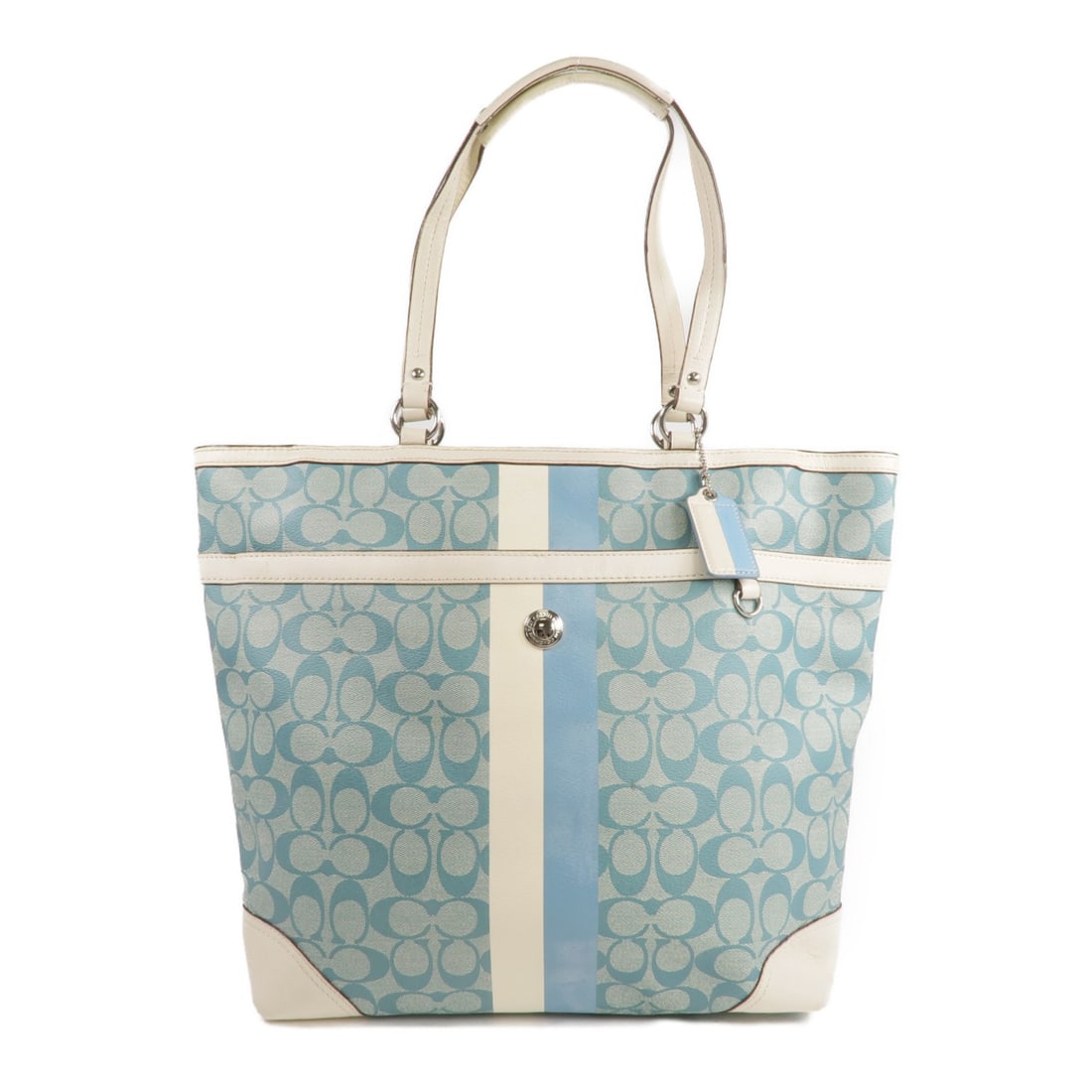 Coach Turquoise and White Coated Canvas SHW Shoulder Tote M0969-F14474: Coach Turquoise and White Coated Canvas SHW Shoulder Tote M0969-F14474 This COACH shoulder tote bag features a stylish turquoise and white design crafted from durable PVC coated canvas. It offers a sp