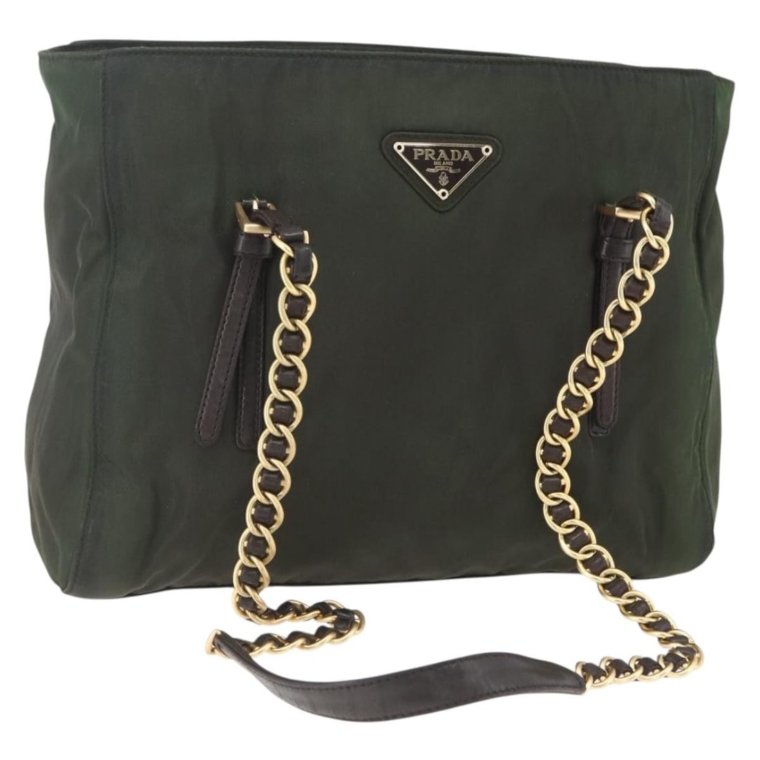 Prada Khaki Nylon Tote with Chain Straps Gold Tone Hardware: Prada Khaki Nylon Tote with Chain Straps Gold Tone Hardware This PRADA chain tote bag is crafted from durable nylon in a khaki and gold color combination. The bag features a spacious interior, chain h