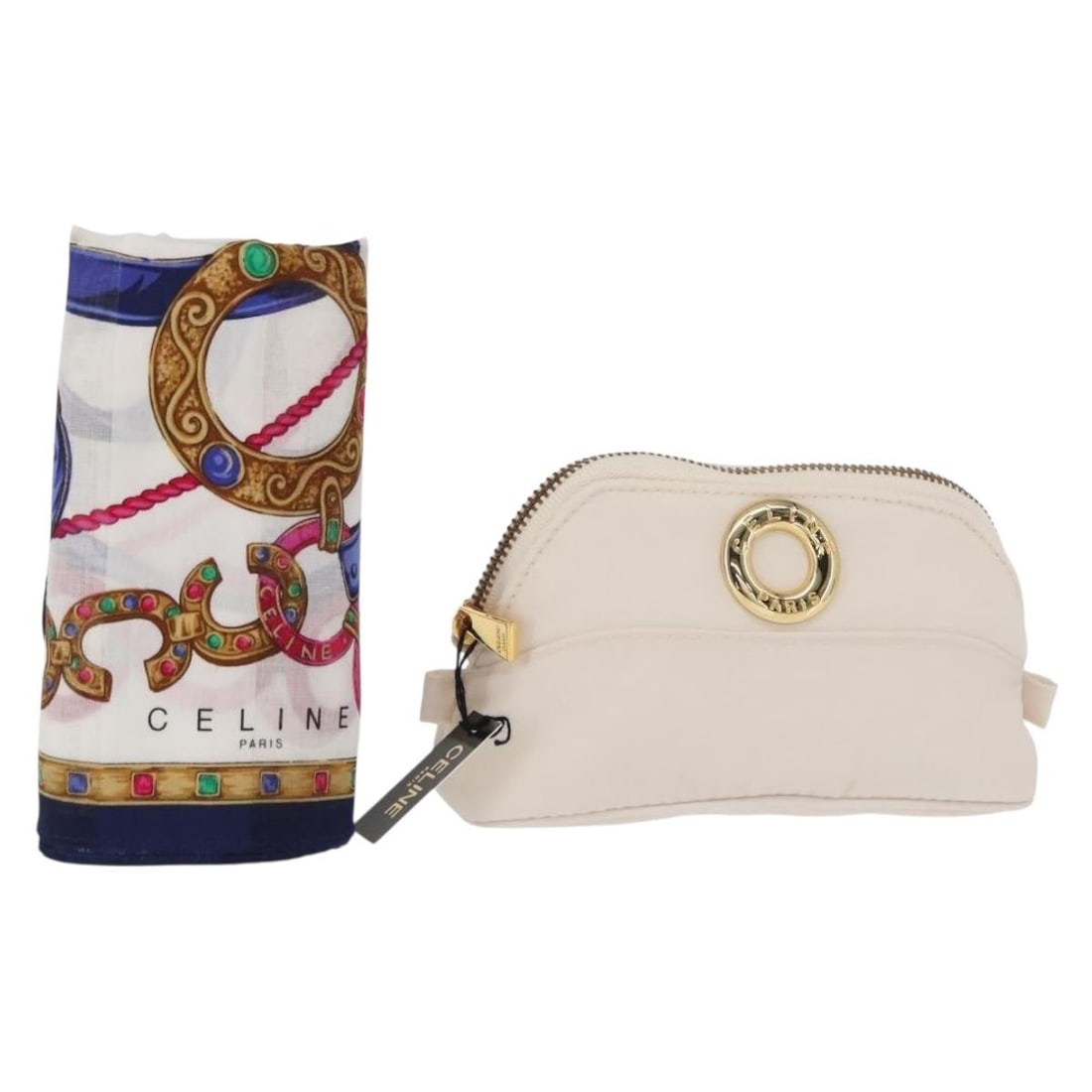 Celine White Gold Nylon Circle Pouch and Handkerchief Gift Set: Celine White Gold Nylon Circle Pouch and Handkerchief Gift Set This is a CELINE circle pouch and handkerchief set. The pouch is crafted from white and gold nylon with slight rubbing on the surface and
