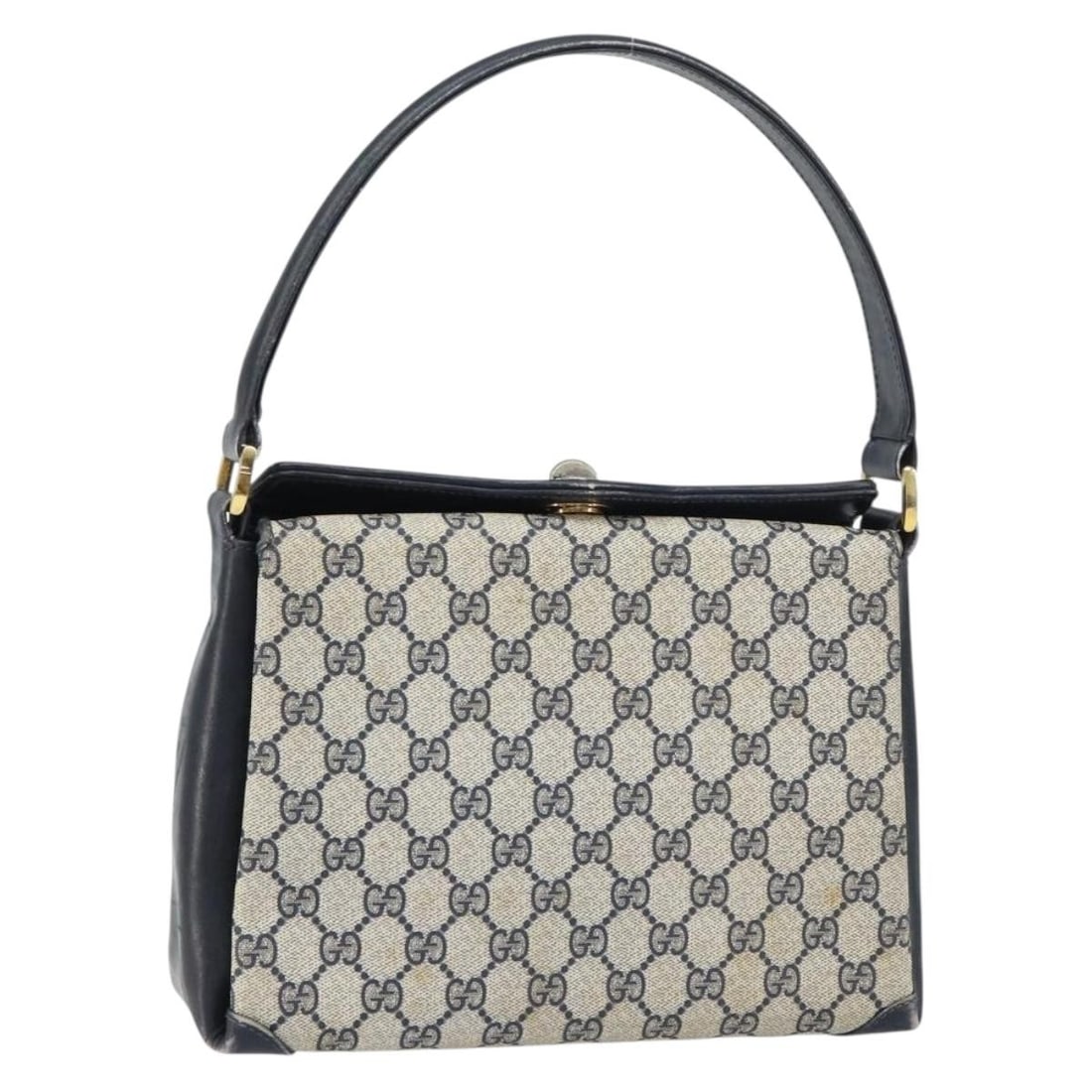 GUCCI GG Supreme Navy Gold Shoulder Bag PVC Auth 001 085 1368: GUCCI GG Supreme Navy Gold Shoulder Bag PVC Auth 001 085 1368 This authentic GUCCI GG Supreme Shoulder Bag showcases a sophisticated design crafted from durable PVC leather in an elegant navy and gold