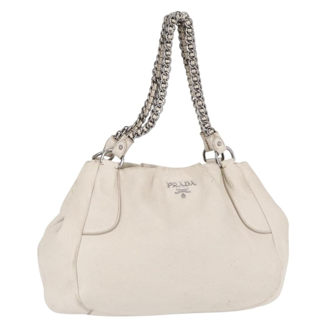 White Leather Prada Chain Tote Bag with Silver Accents Italy: White Leather Prada Chain Tote Bag with Silver Accents Italy This Prada chain tote bag features a white and silver leather exterior, complemented by silver-tone chain accents. The bag offers a spaciou