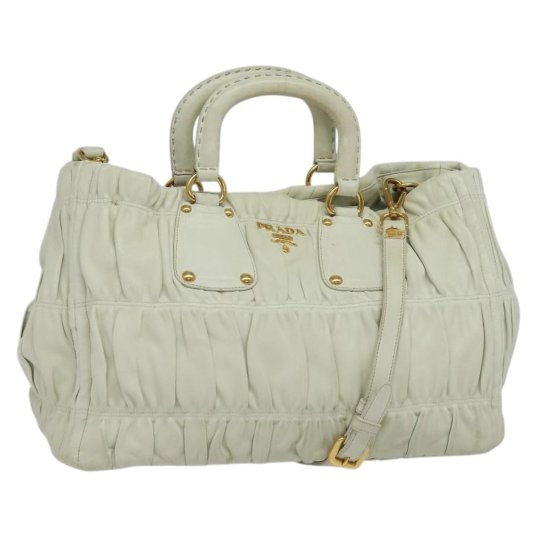 PRADA White Gold Leather Hand Bag 2-Way Auth Italy 133371 (1 of 18)