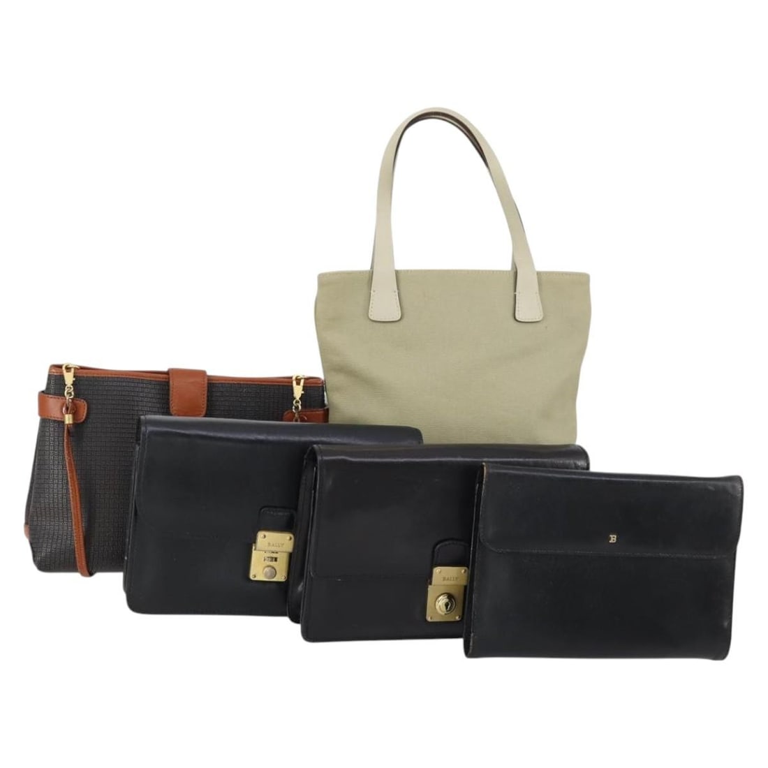 BALLY Black Beige Leather Nylon PVC Tote Bag Set of 5 Auth bs30296 (1 of 18)