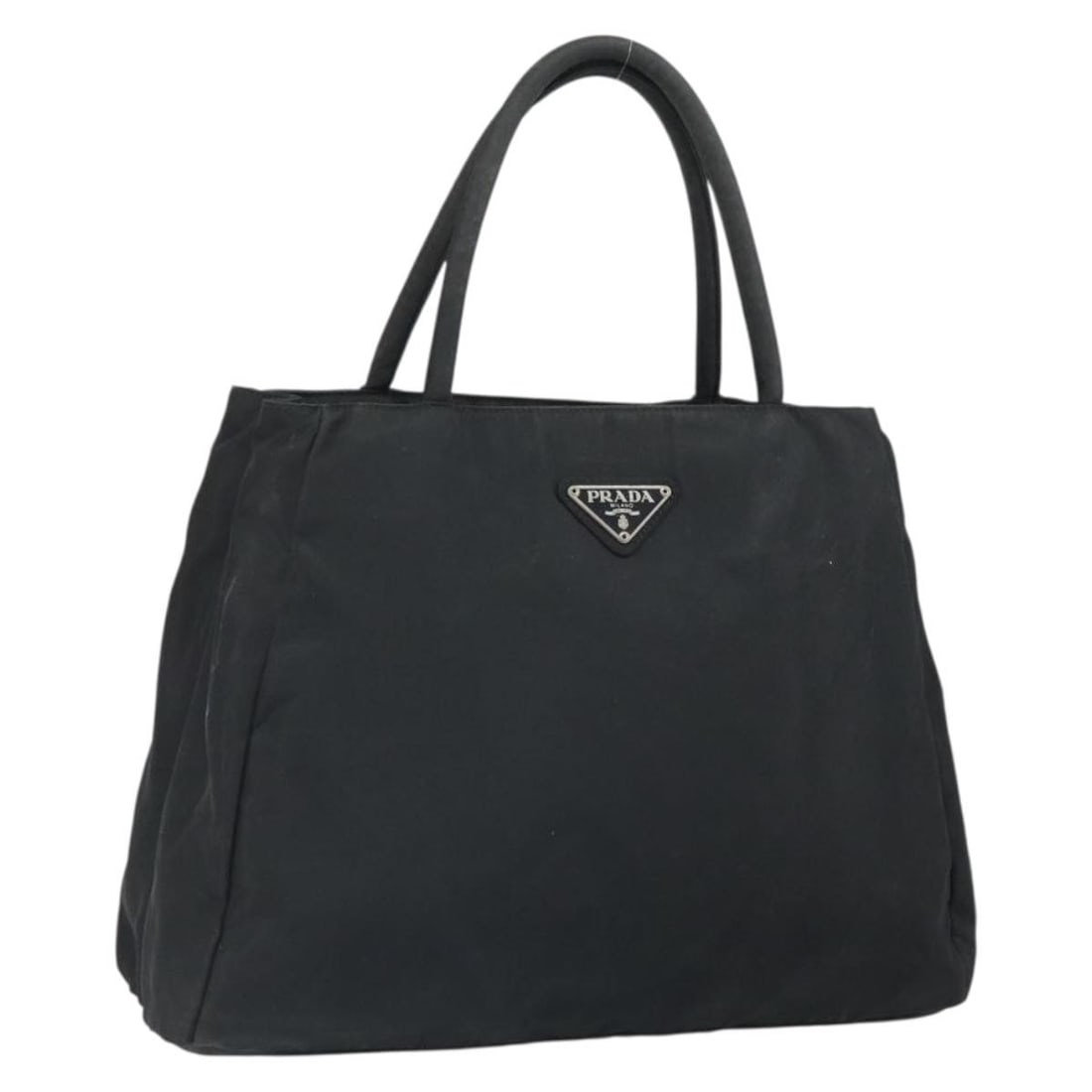 Black Nylon Prada Handbag with Silver Accents Made in Italy: Black Nylon Prada Handbag with Silver Accents Made in Italy This PRADA hand bag is crafted from black nylon with silver-tone accents. Made in Italy, it features a spacious main compartment and dual ha