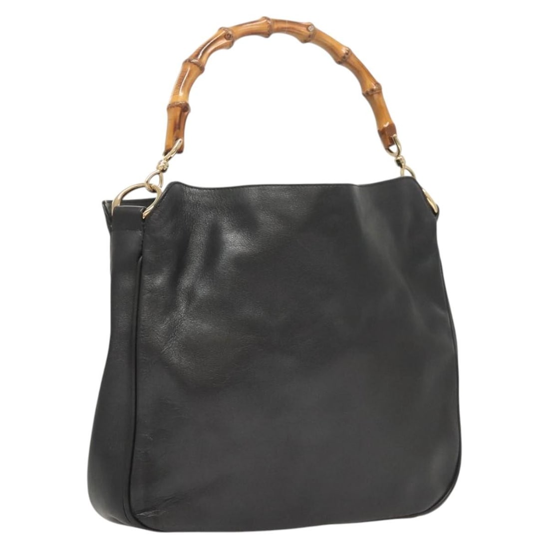 Black Leather Bamboo Handle Handbag by Gucci Model 001 3754 1638: Black Leather Bamboo Handle Handbag by Gucci Model 001 3754 1638 This is a Gucci Bamboo handbag crafted from black leather, featuring gold-tone accents. The bag has a structured silhouette with bamboo