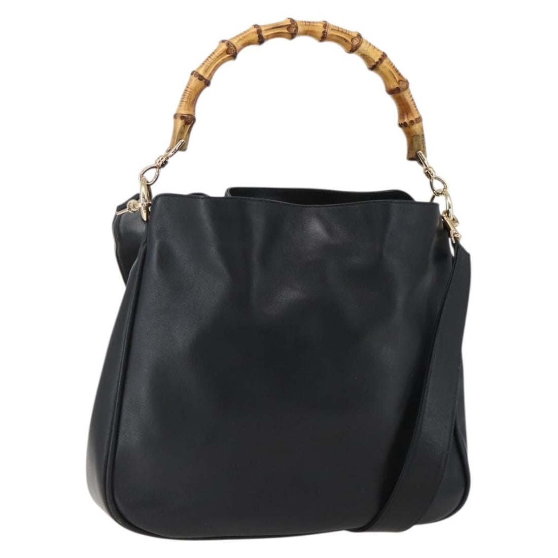 Black Leather Bamboo Shoulder Bag by Gucci with Gold Hardware and 2way Strap: Black Leather Bamboo Shoulder Bag by Gucci with Gold Hardware and 2way Strap This is a GUCCI Bamboo 2-way shoulder bag crafted from black leather with gold-tone accents. It features both a shoulder st