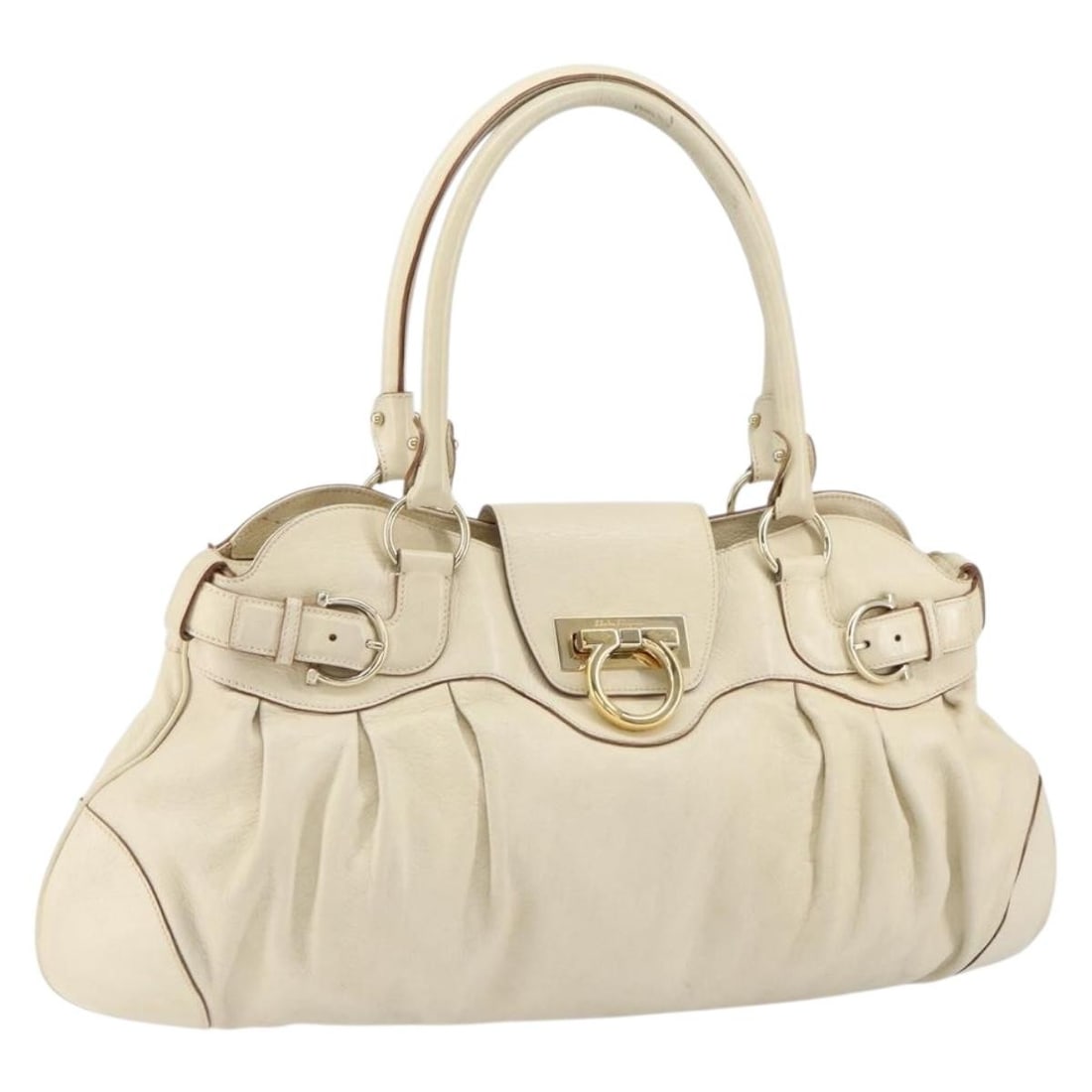 Salvatore Ferragamo Gancini Leather Hand Bag White Gold Italy Auth: Salvatore Ferragamo Gancini Leather Hand Bag White Gold Italy Auth This Salvatore Ferragamo Gancini Hand Bag is a luxurious accessory crafted from premium leather. Its elegant white and gold color com