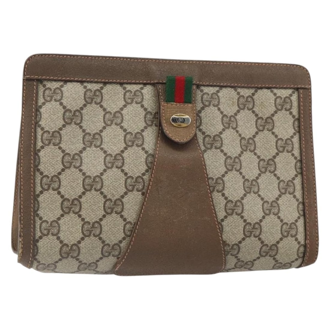 Beige GG Canvas Sherry Line Clutch Bag by Gucci 89 01 032: Beige GG Canvas Sherry Line Clutch Bag by Gucci 89 01 032 This GUCCI GG Supreme Web Sherry Line clutch bag features the signature GG canvas in beige and gold tones. Made in Italy, it offers a compact