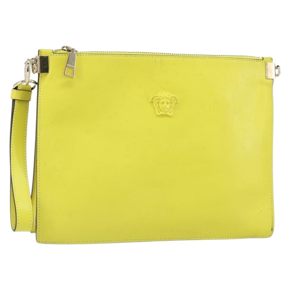 Versace Yellow Gold Leather Clutch Bag Made in Italy: Versace Yellow Gold Leather Clutch Bag Made in Italy This Versace clutch bag features a yellow and gold leather exterior and is crafted in Italy. The bag shows signs of heavy use, including loss of sh