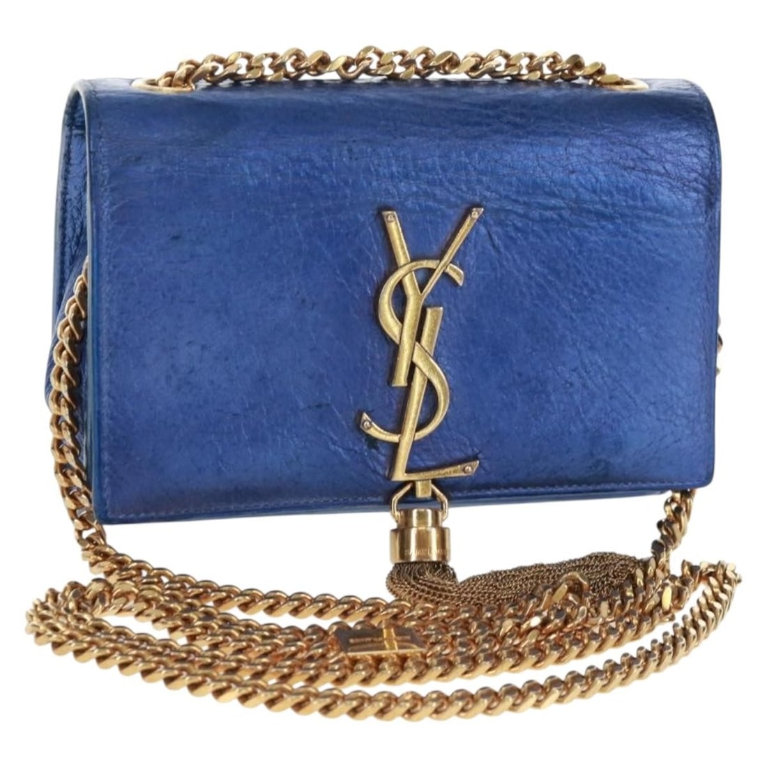 Blue Leather Kate Shoulder Bag by Saint Laurent with Gold Chain: Blue Leather Kate Shoulder Bag by Saint Laurent with Gold Chain This is a SAINT LAURENT Chain Kate shoulder bag crafted from leather in a blue and gold color scheme. The bag features a chain shoulder