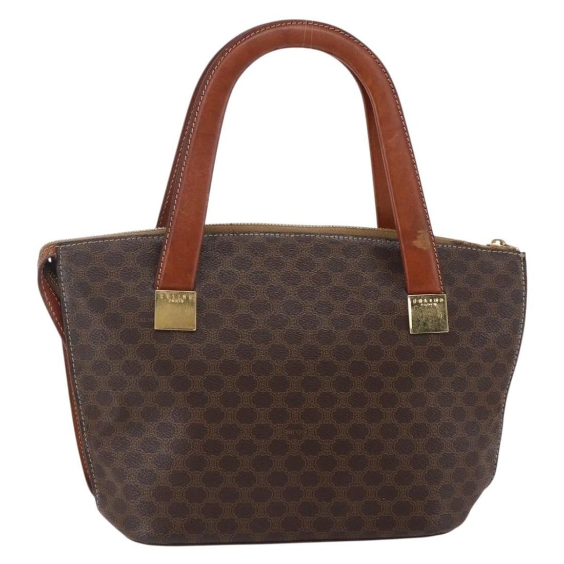 CELINE Macadam Brown PVC Leather Hand Bag Italy Auth BA6721: CELINE Macadam Brown PVC Leather Hand Bag Italy Auth BA6721 This authentic CELINE Macadam Canvas Hand Bag features a stylish design, crafted from durable PVC leather in a rich brown color. Made in Ita