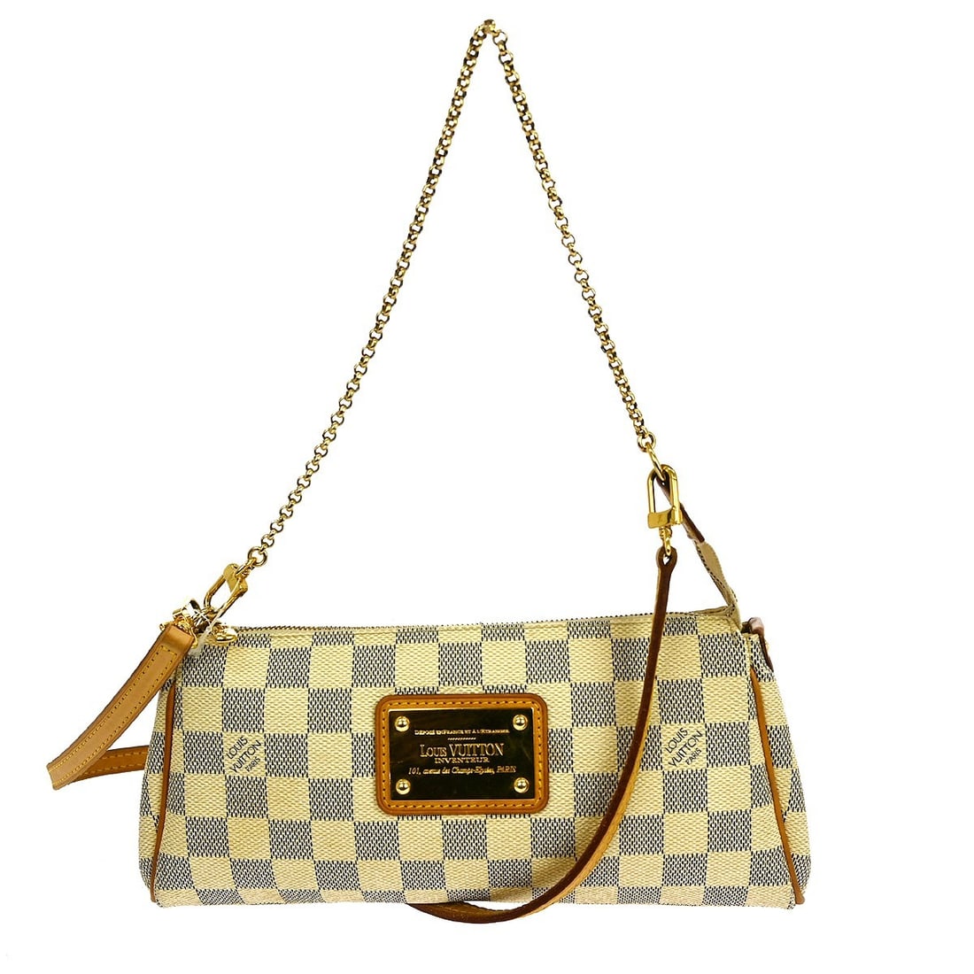 Louis Vuitton Eva Damier Azur Chain Strap Small 2-Way Handbag N55214: Louis Vuitton Eva Damier Azur Chain Strap Small 2-Way Handbag N55214 The Louis Vuitton Eva 2-way chain handbag in Damier Azur features the signature Louis Vuitton pattern with a convenient zipper clos