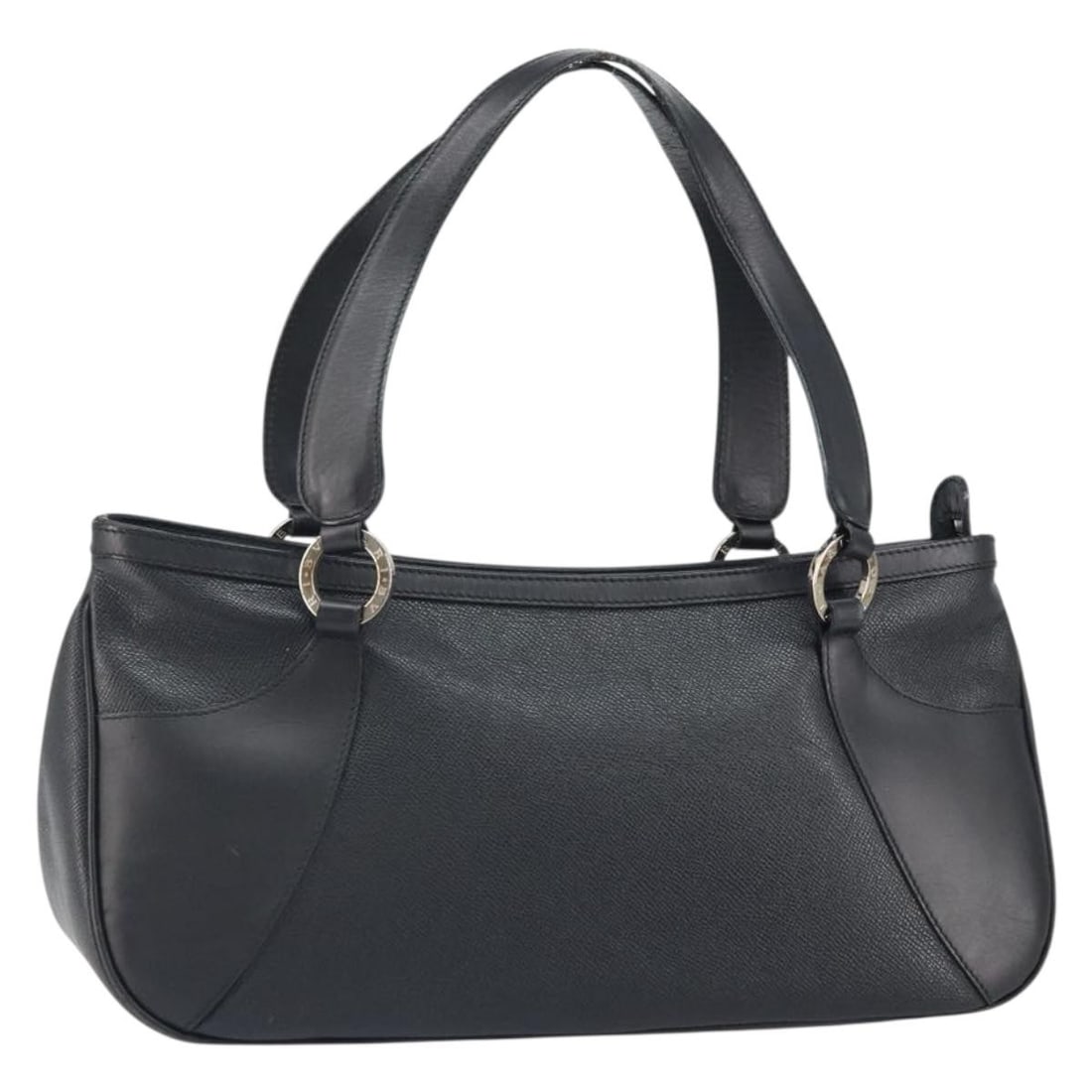 Black and Silver Leather BVLGARI Handbag from Italy: Black and Silver Leather BVLGARI Handbag from Italy This BVLGARI handbag is crafted from leather in a black and silver color scheme. Made in Italy, it features a structured silhouette with a single to