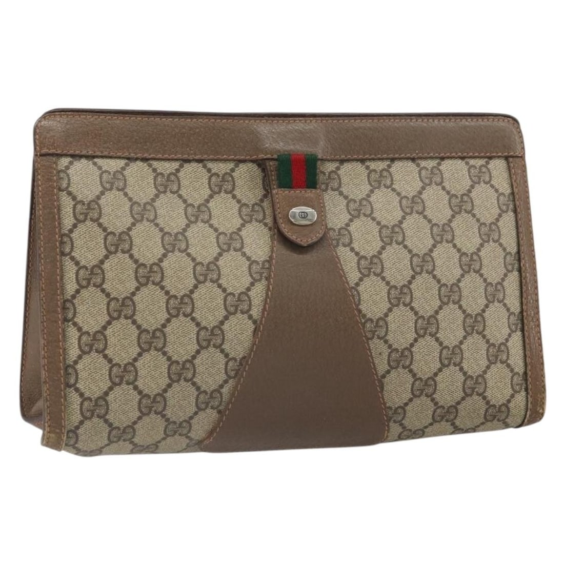 Beige PVC Clutch from Gucci GG Supreme Sherry Line Model 89 01 033: Beige PVC Clutch from Gucci GG Supreme Sherry Line Model 89 01 033 This is a Gucci GG Supreme Web Sherry Line clutch bag crafted from beige and gold PVC leather with GG canvas. The bag features a stru