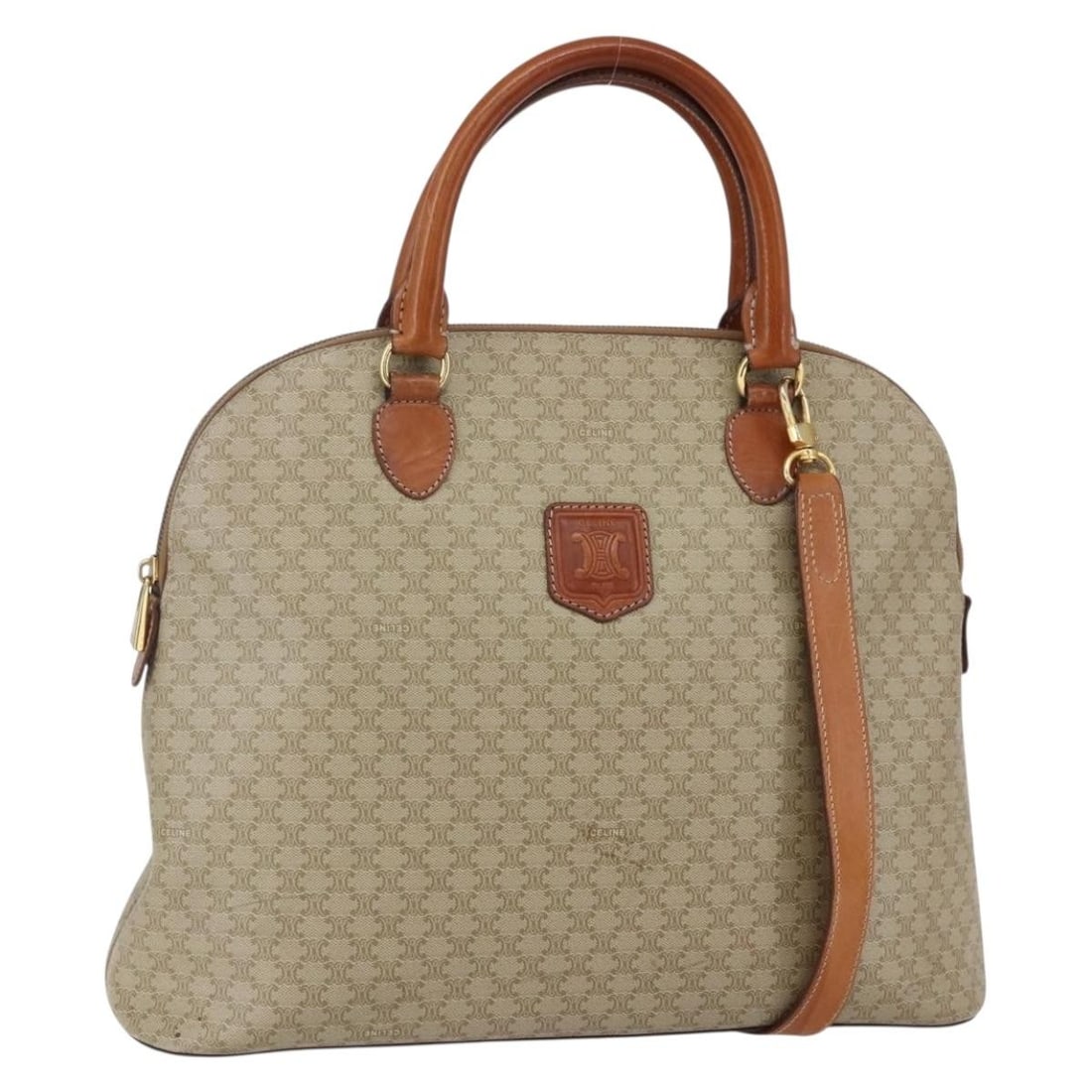 CELINE Beige Gold Macadam Canvas Hand Bag PVC Auth 2way Italy: CELINE Beige Gold Macadam Canvas Hand Bag PVC Auth 2way Italy Elevate your accessory collection with this authentic CELINE Macadam Canvas Hand Bag, designed for versatility and style. This chic handba